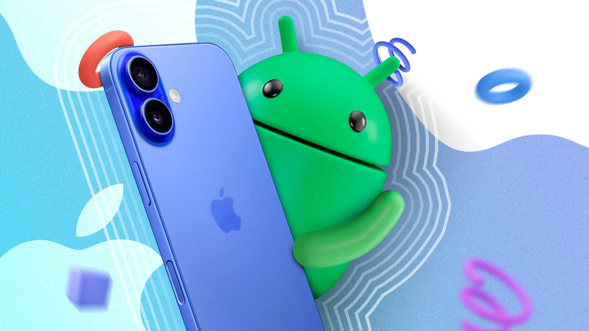 Linh vật Android đang cầm một chiếc iPhone 16, biểu tượng cho sự cạnh tranh và những rào cản khi người dùng muốn chuyển đổi giữa các hệ sinh thái Android và iOS.