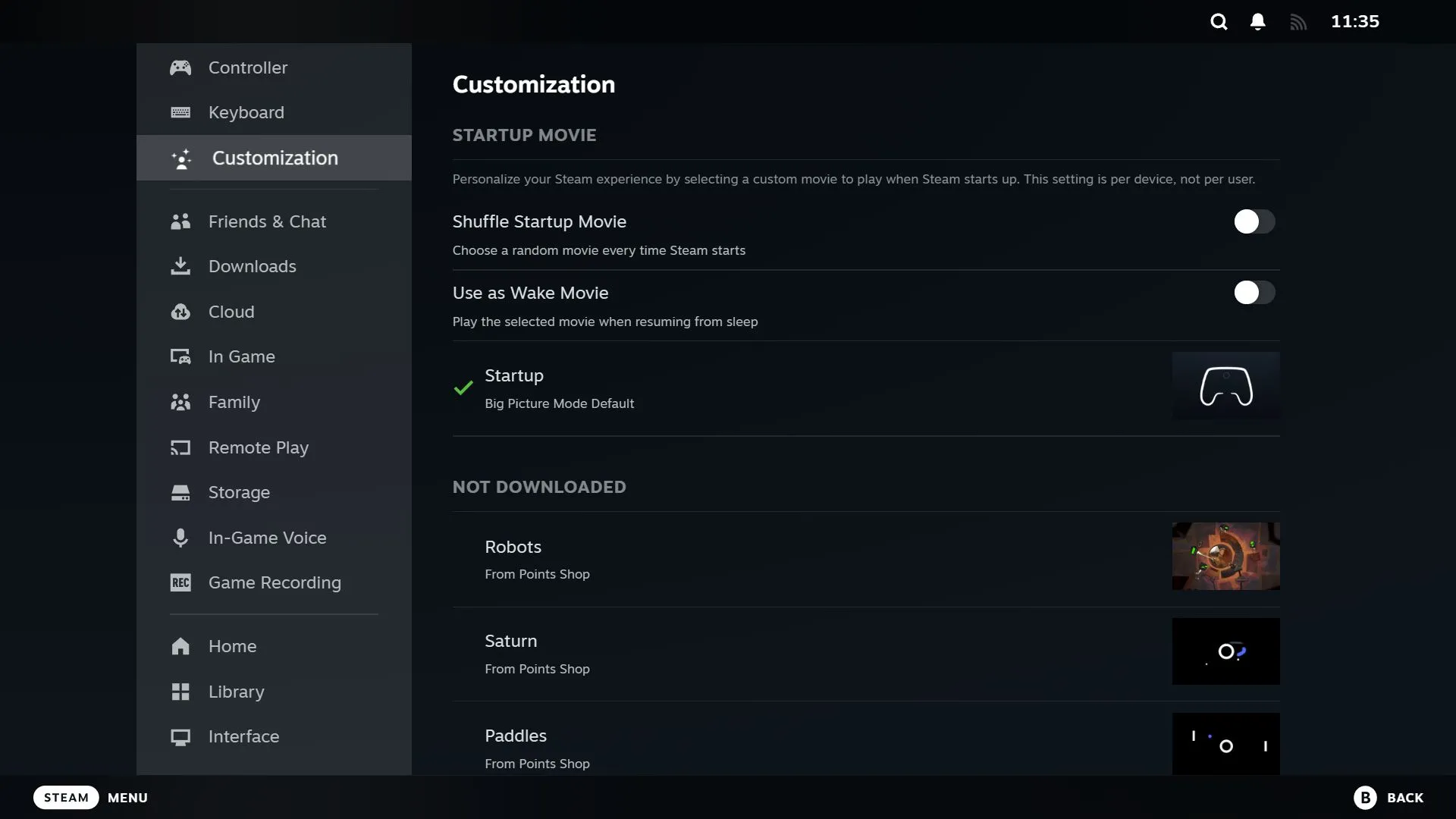 Màn hình cài đặt Tùy chỉnh (Customization) của Steam, hiển thị các tùy chọn để quản lý và thay đổi video khởi động Steam.