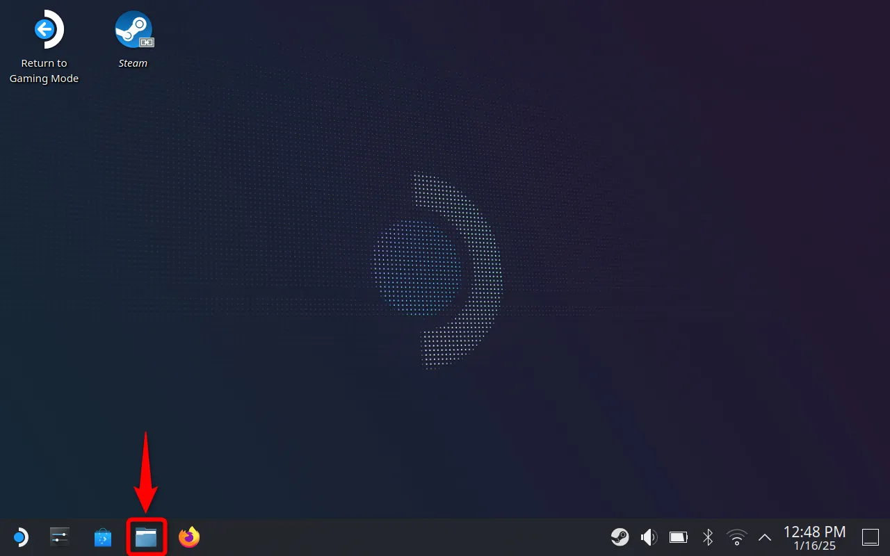 Màn hình chế độ Desktop của Steam Deck với biểu tượng Trình quản lý Tệp Dolphin (Dolphin File Manager) được làm nổi bật trên thanh tác vụ.