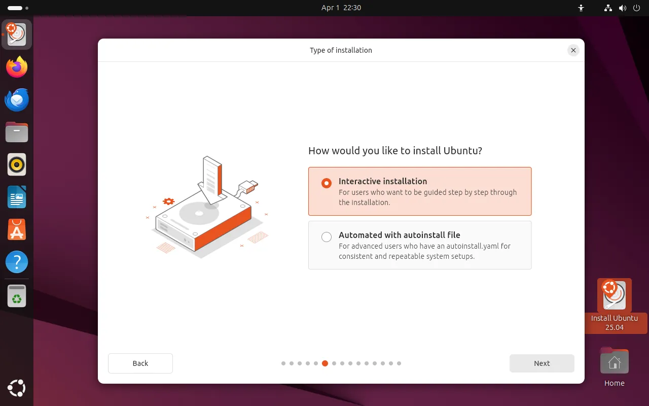 Màn hình giao diện trình cài đặt Ubuntu 25.04, với các tùy chọn dễ hiểu giúp quá trình cài đặt trở nên đơn giản