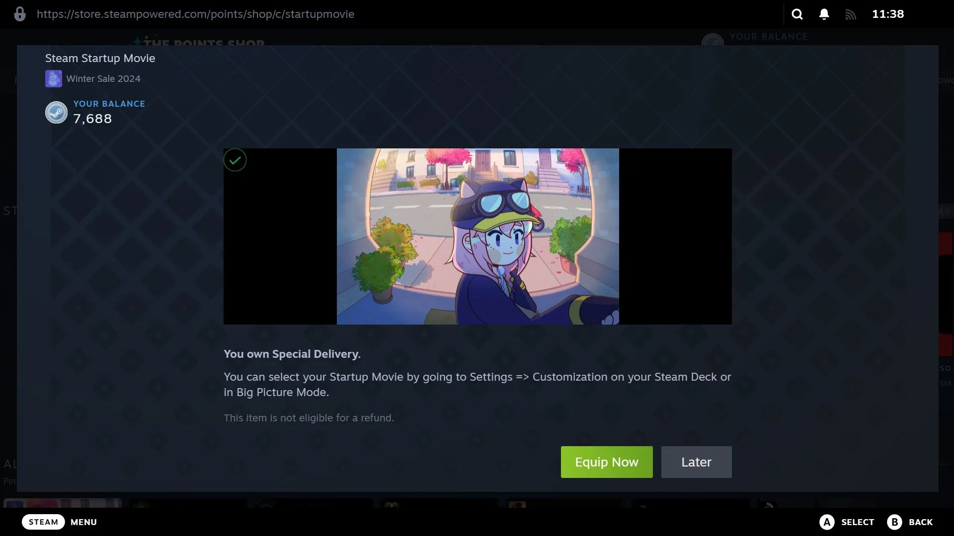 Màn hình thông báo sau khi mua video khởi động Steam từ Cửa hàng Điểm, cung cấp tùy chọn &quot;Trang bị ngay&quot; hoặc &quot;Để sau&quot;.