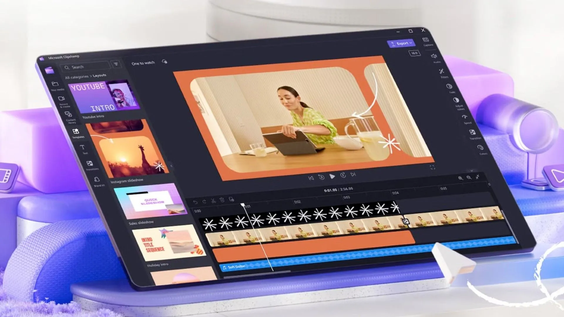 Màn hình ứng dụng chỉnh sửa video Microsoft Clipchamp, minh họa giao diện và tính năng mới giúp người dùng dễ dàng biên tập