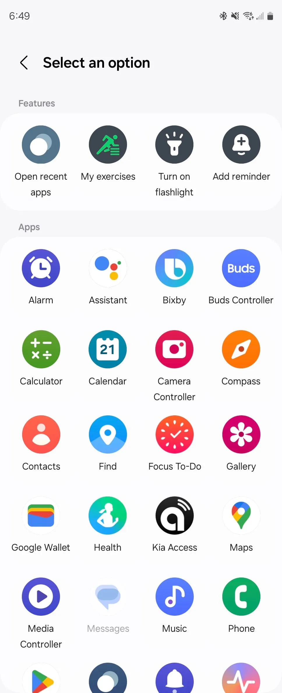 Màn hình ứng dụng Samsung Wearable chọn ứng dụng để gán cho cử chỉ gõ gõ trên Galaxy Watch
