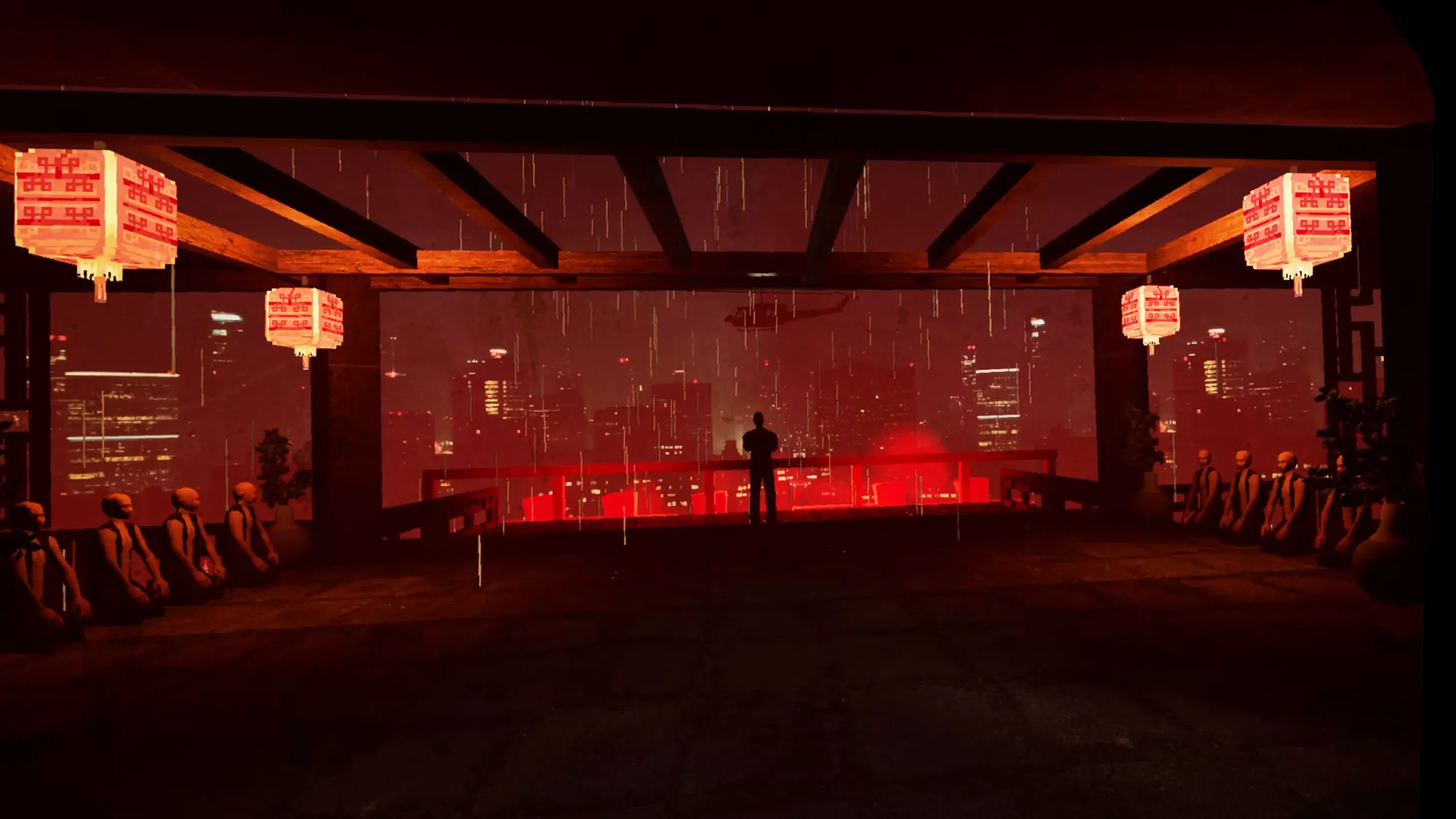 Man on a rooftop with a red background in Path of Fury.