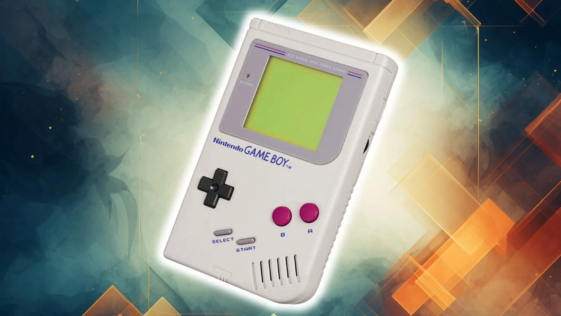 Máy chơi game Game Boy màu xám đặt trên nền họa tiết lục giác xanh cam, thể hiện khả năng multiplayer tiềm ẩn.
