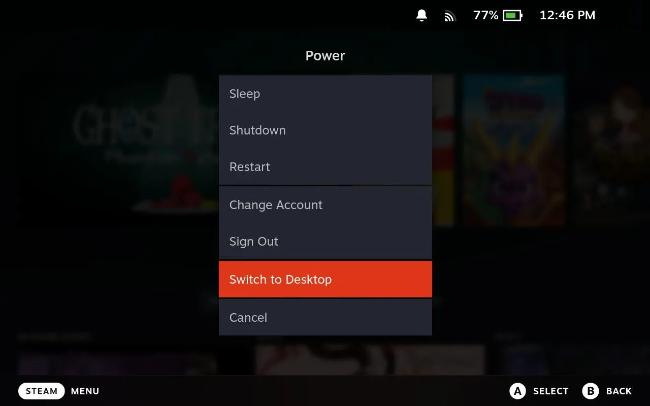 Menu nguồn trên Steam Deck với tùy chọn &quot;Chuyển sang Chế độ Desktop&quot; (Switch to Desktop) được làm nổi bật, chuẩn bị cho việc cài đặt video khởi động tùy chỉnh.