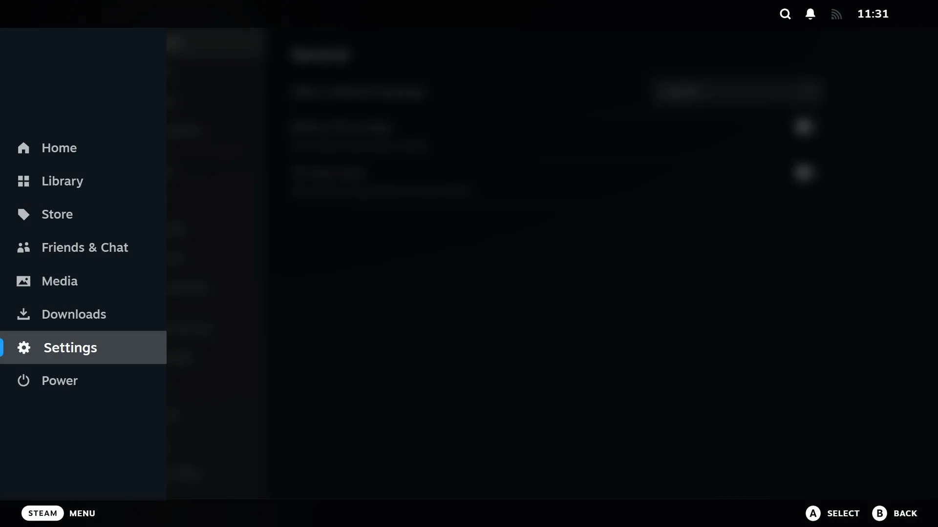 Menu Steam với mục Cài đặt (Settings) được làm nổi bật, hướng dẫn cách truy cập cài đặt trên Steam Deck để đổi video khởi động.