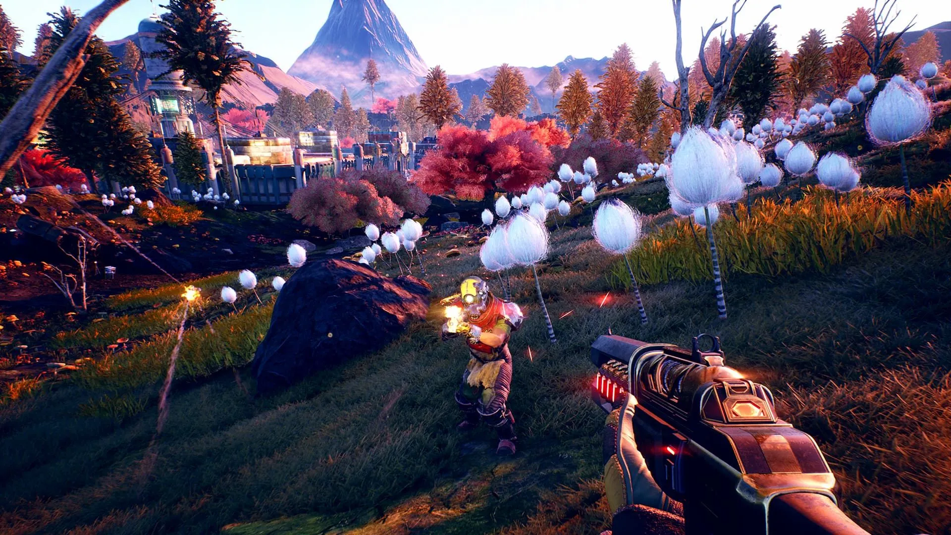 Người chơi The Outer Worlds trong một pha hành động, minh họa các tình huống có thể giải quyết bằng đối thoại hoặc lén lút thay vì bạo lực