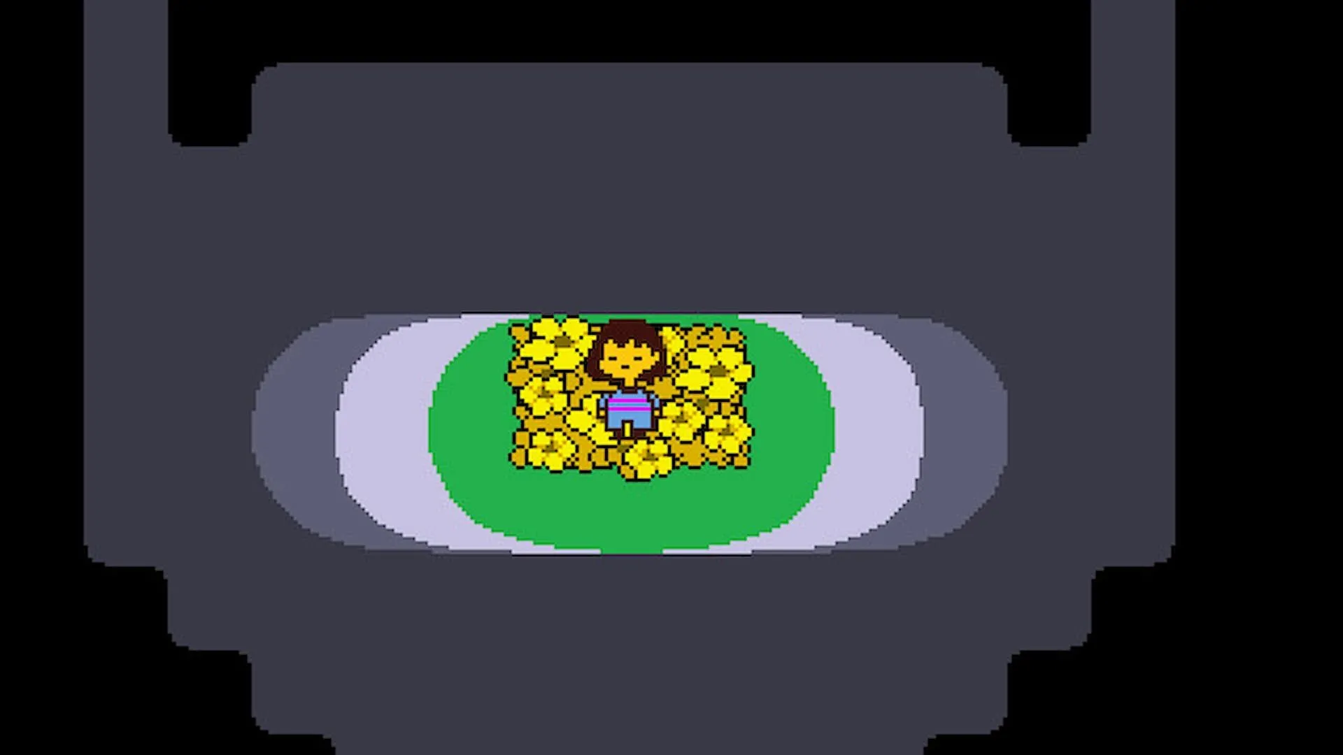 Nhân vật chính Undertale giữa những bông hoa vàng, biểu tượng cho con đường hòa bình và lựa chọn phi bạo lực cốt lõi của trò chơi