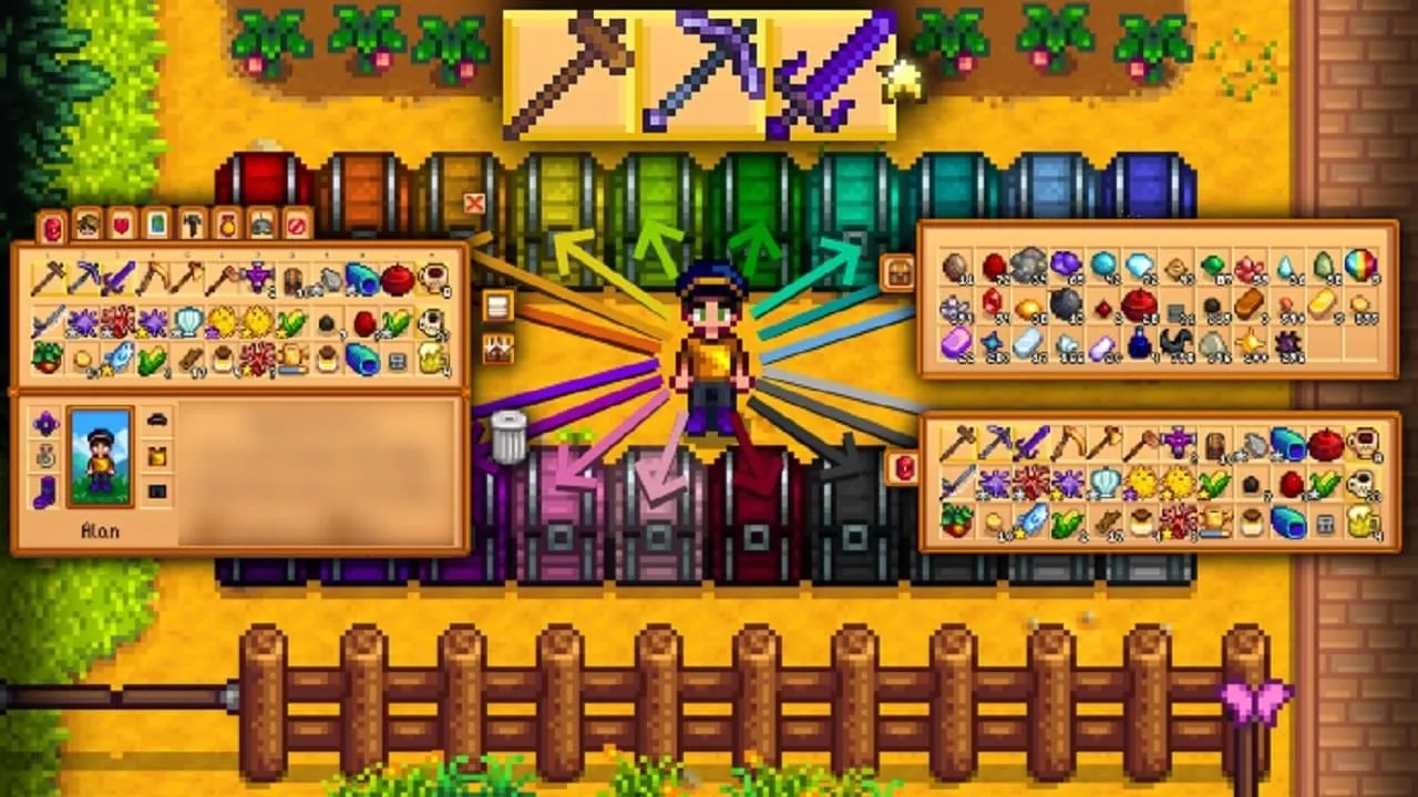 Sơ đồ mô tả người nông dân Stardew Valley sắp xếp nhiều vật phẩm vào nhiều rương cùng lúc bằng mod Convenient Inventory