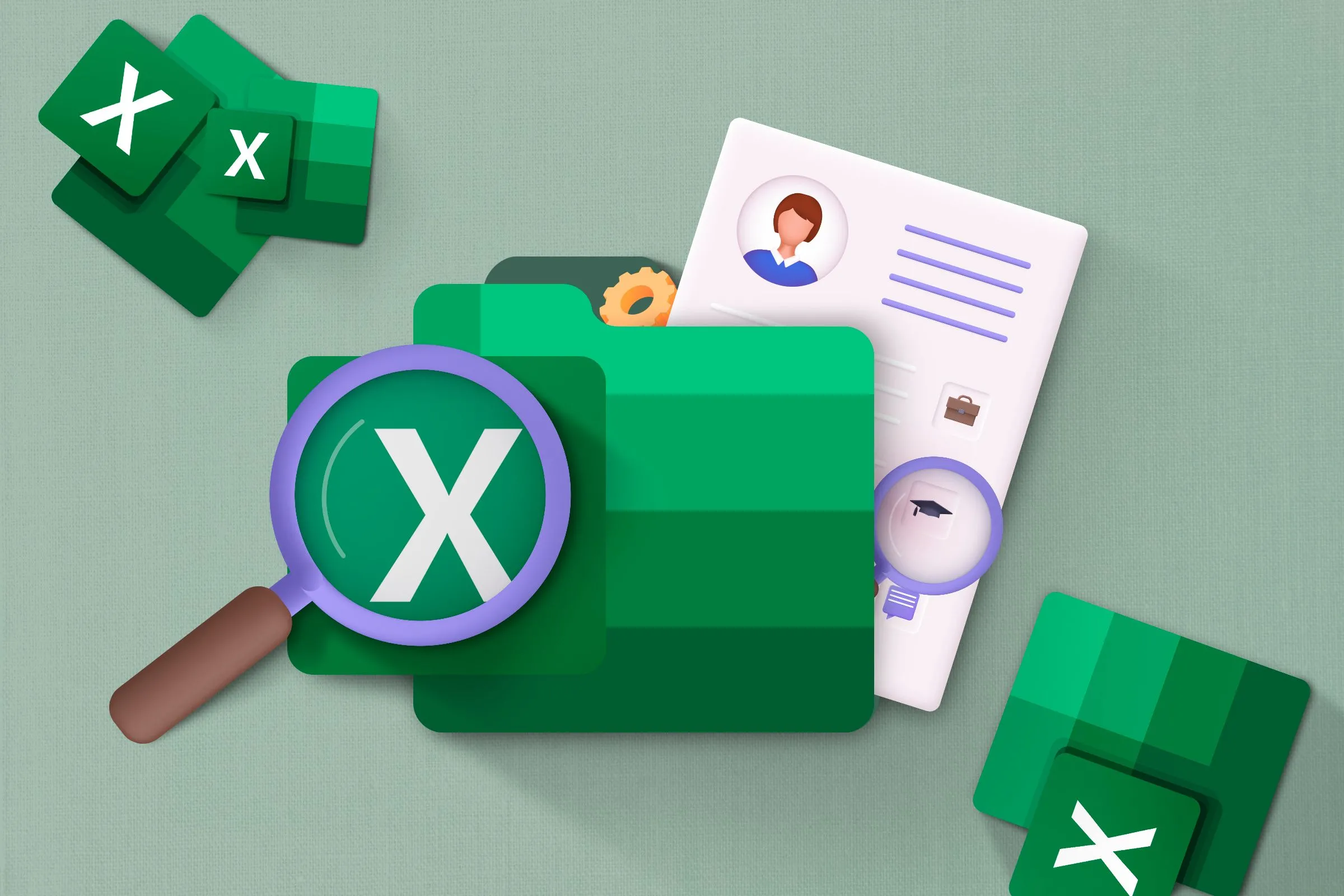 Thư mục có logo Excel và sơ yếu lý lịch, tượng trưng cho tầm quan trọng của kỹ năng Excel trong thị trường việc làm hiện nay.
