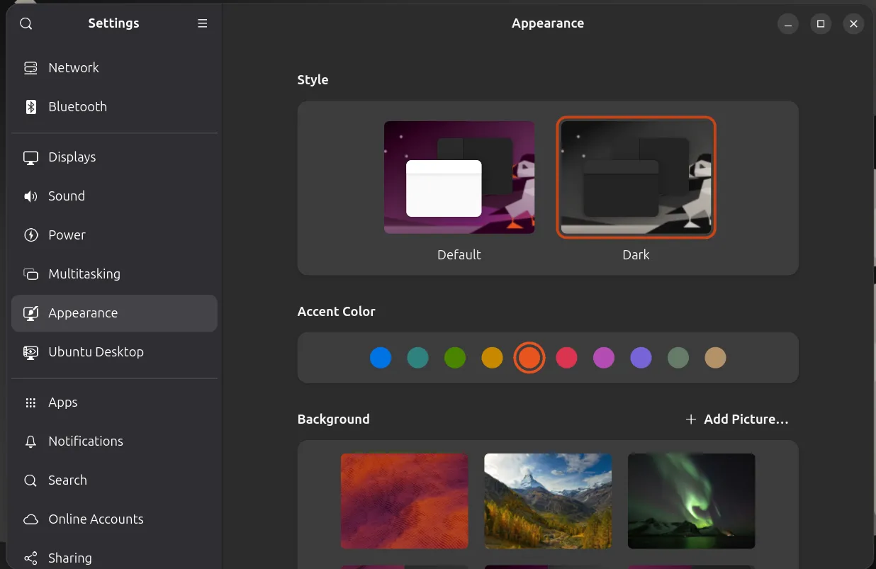 Tùy chỉnh chế độ hiển thị tối (Dark Appearance) trong Cài đặt của Ubuntu 25.04, giúp giảm mỏi mắt