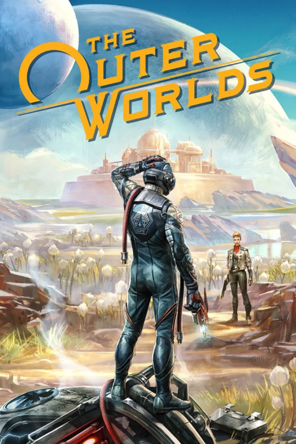 Ảnh bìa game The Outer Worlds, hiển thị các nhân vật chính và bối cảnh không gian retro-futuristic của trò chơi.