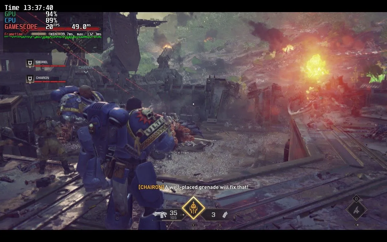 Ảnh chụp màn hình game Warhammer 40,000: Space Marine 2 với hiệu suất yếu trên Steam Deck, thể hiện đồ họa và hành động trong game.