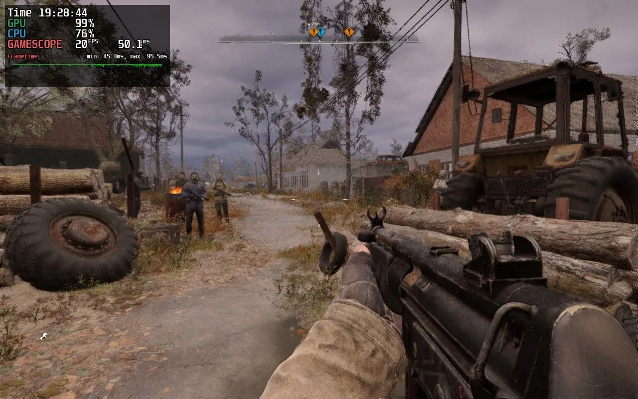 Ảnh chụp màn hình S.T.A.L.K.E.R. 2: Heart of Chornobyl đang chạy trên Steam Deck, cho thấy đồ họa môi trường game khắc nghiệt và hiệu suất kém.