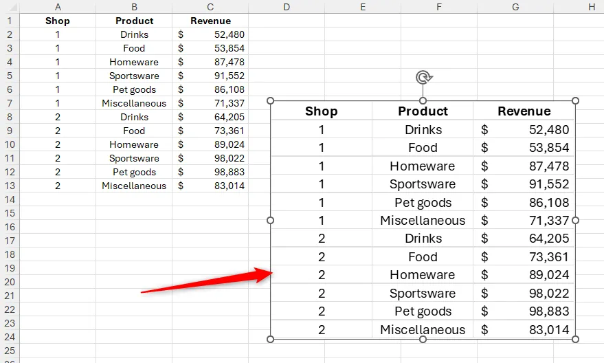 Ảnh được tạo bằng Công cụ Camera trong Excel, sao chép dữ liệu từ các ô không định dạng bảng, có viền và nền đục