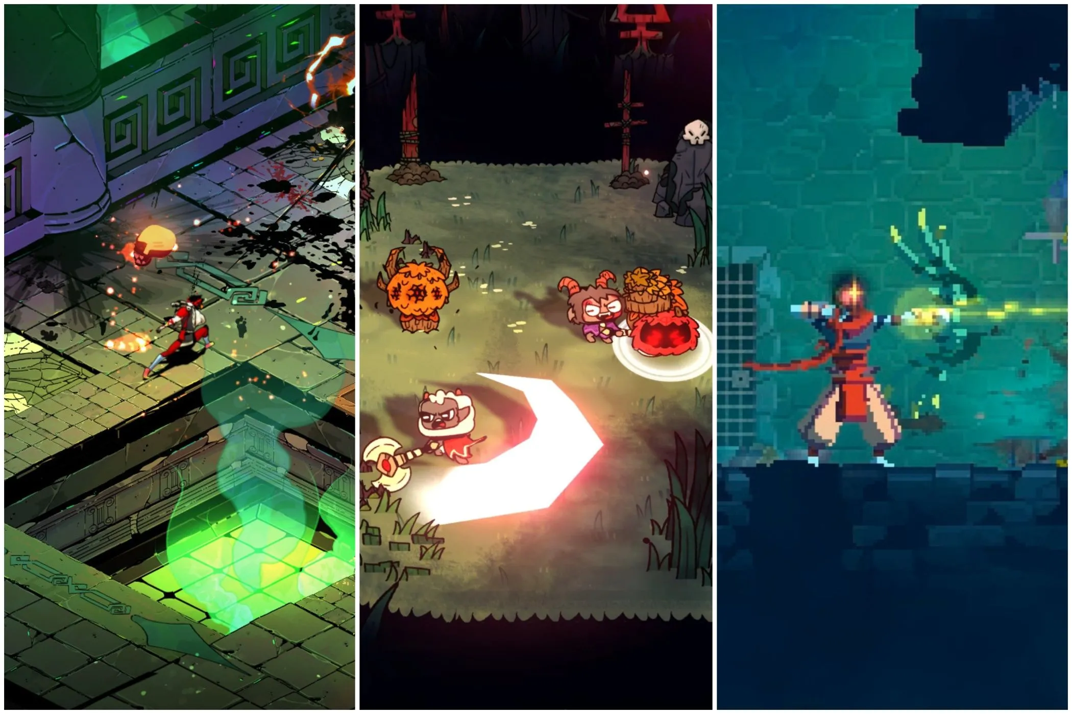 Ảnh ghép cảnh chơi game từ Hades, Cult of the Lamb và Dead Cells, đại diện cho thể loại game Roguelike với độ khó đặc trưng