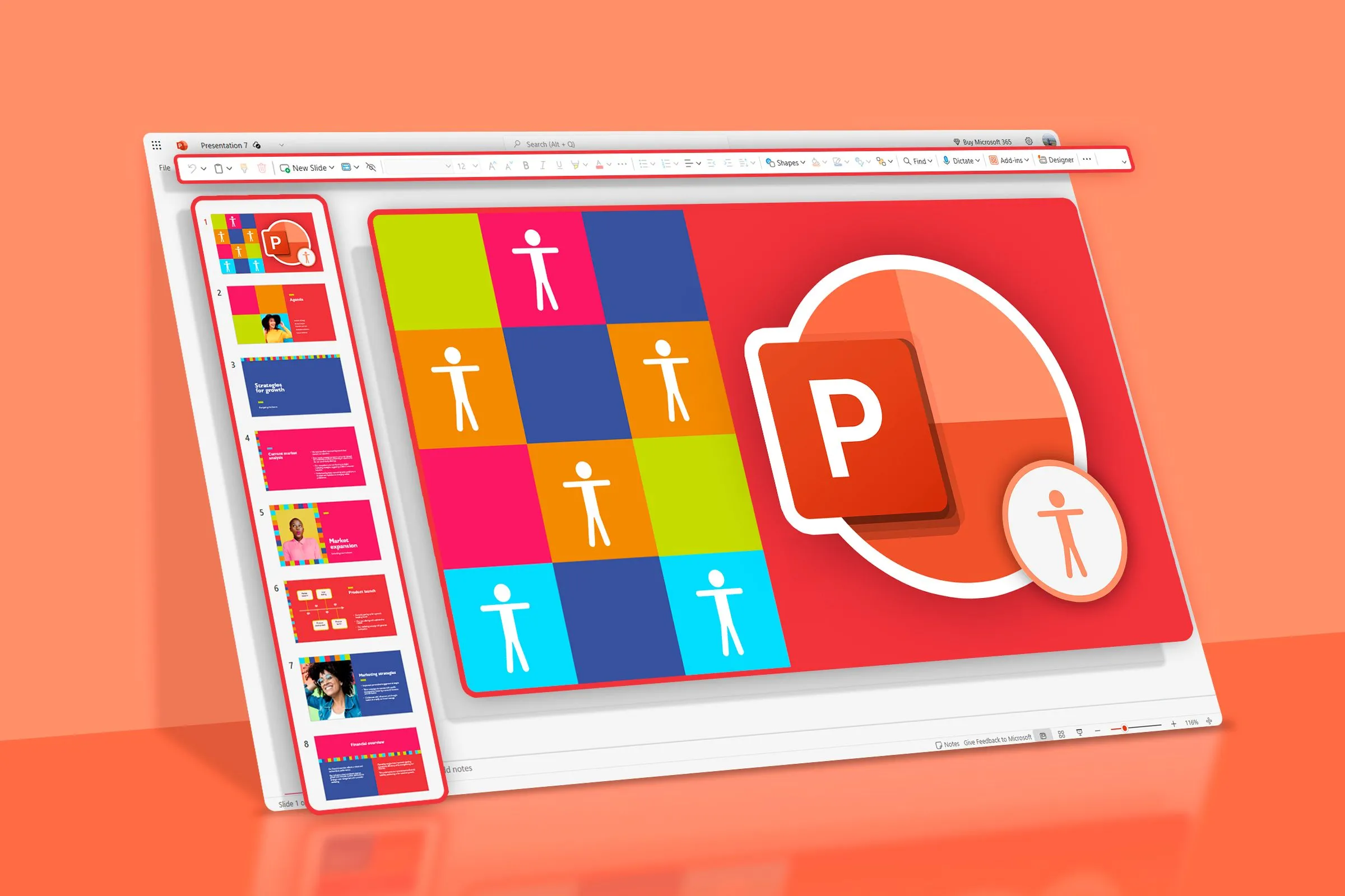 Bài thuyết trình PowerPoint hiển thị các biểu tượng hỗ trợ tiếp cận, nhấn mạnh khả năng tạo nội dung phù hợp cho mọi đối tượng khán giả.