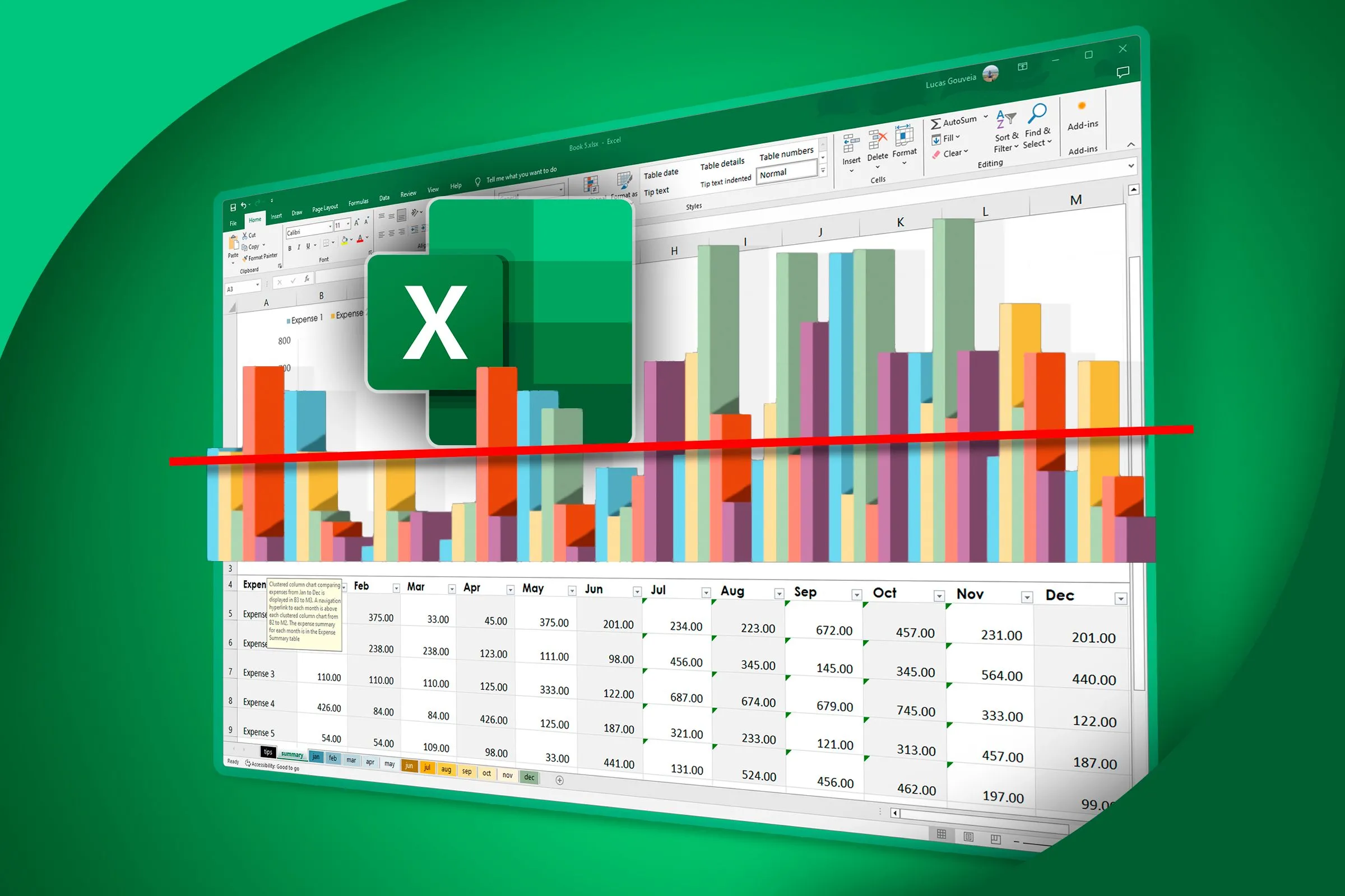 Bảng tính Excel với biểu đồ 3D và logo Excel, minh họa khả năng trực quan hóa dữ liệu mạnh mẽ của Excel.