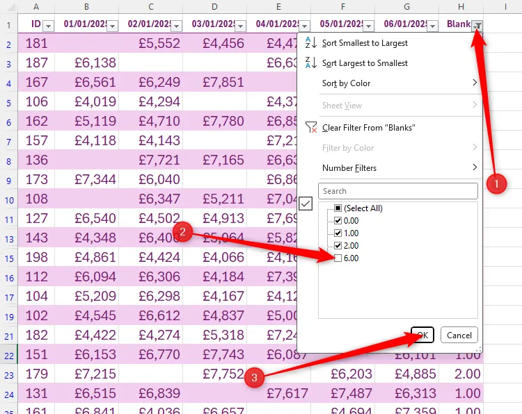 Biểu tượng bộ lọc ở đầu cột G trong Excel được chọn, và số 6 được bỏ chọn trong danh sách.