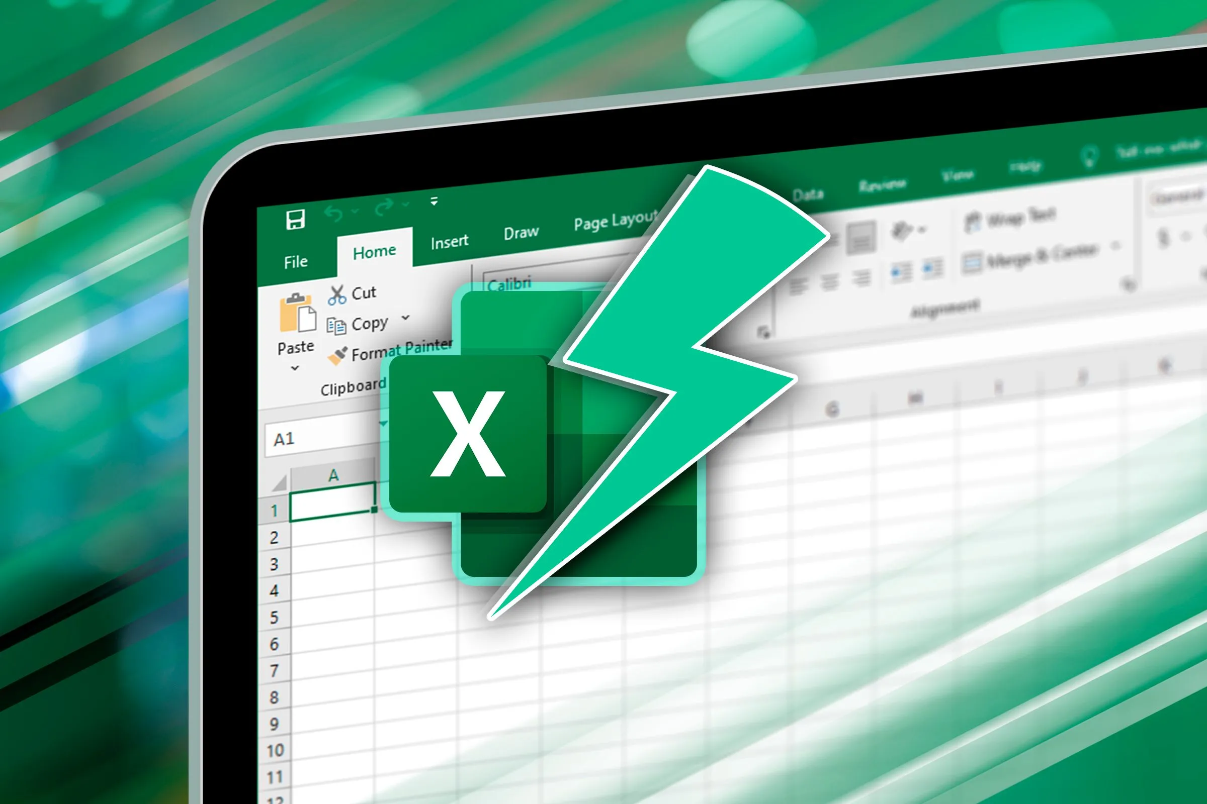 Biểu tượng Excel và ký hiệu tốc độ trên nền bảng tính Excel, tượng trưng cho hiệu suất và mức tiêu thụ bộ nhớ của các công cụ