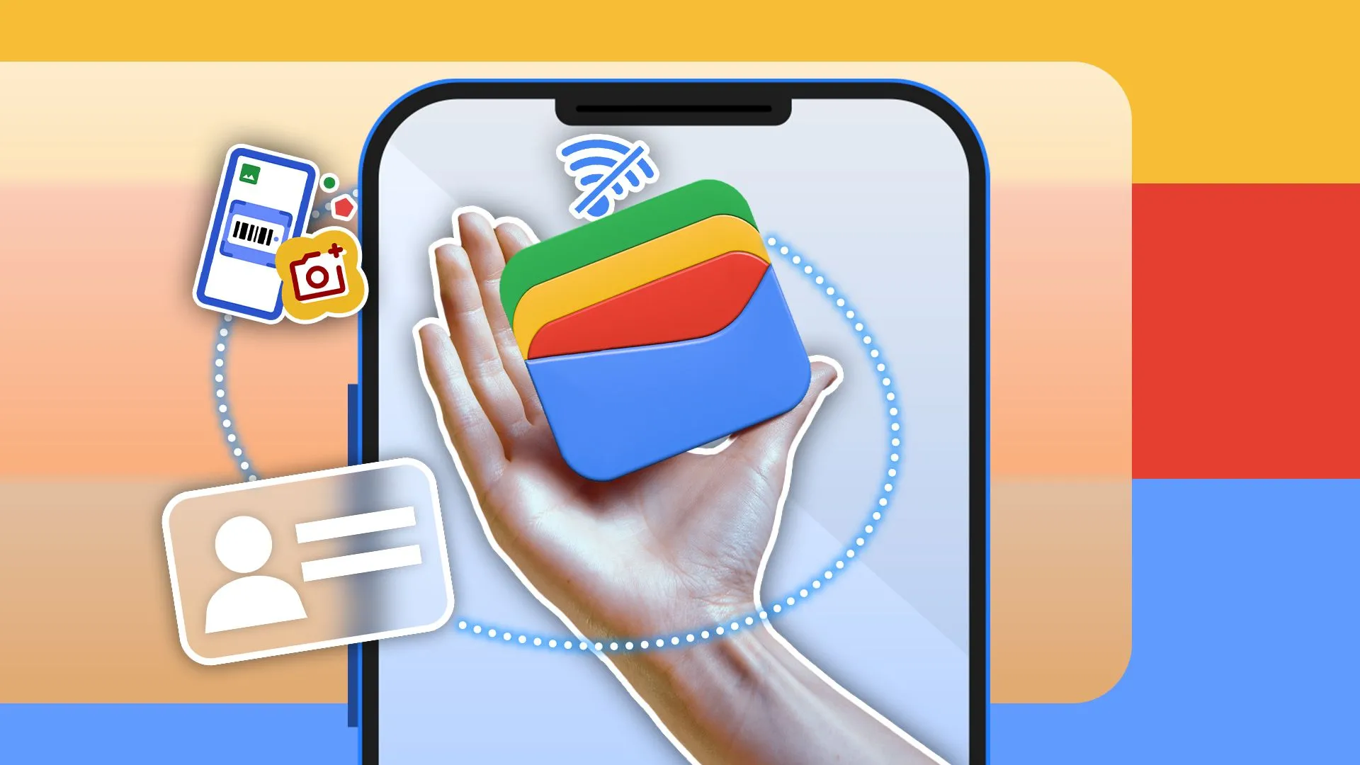 Biểu tượng Google Wallet trên màn hình điện thoại cùng các icon minh họa tính năng lưu trữ thẻ và vé số