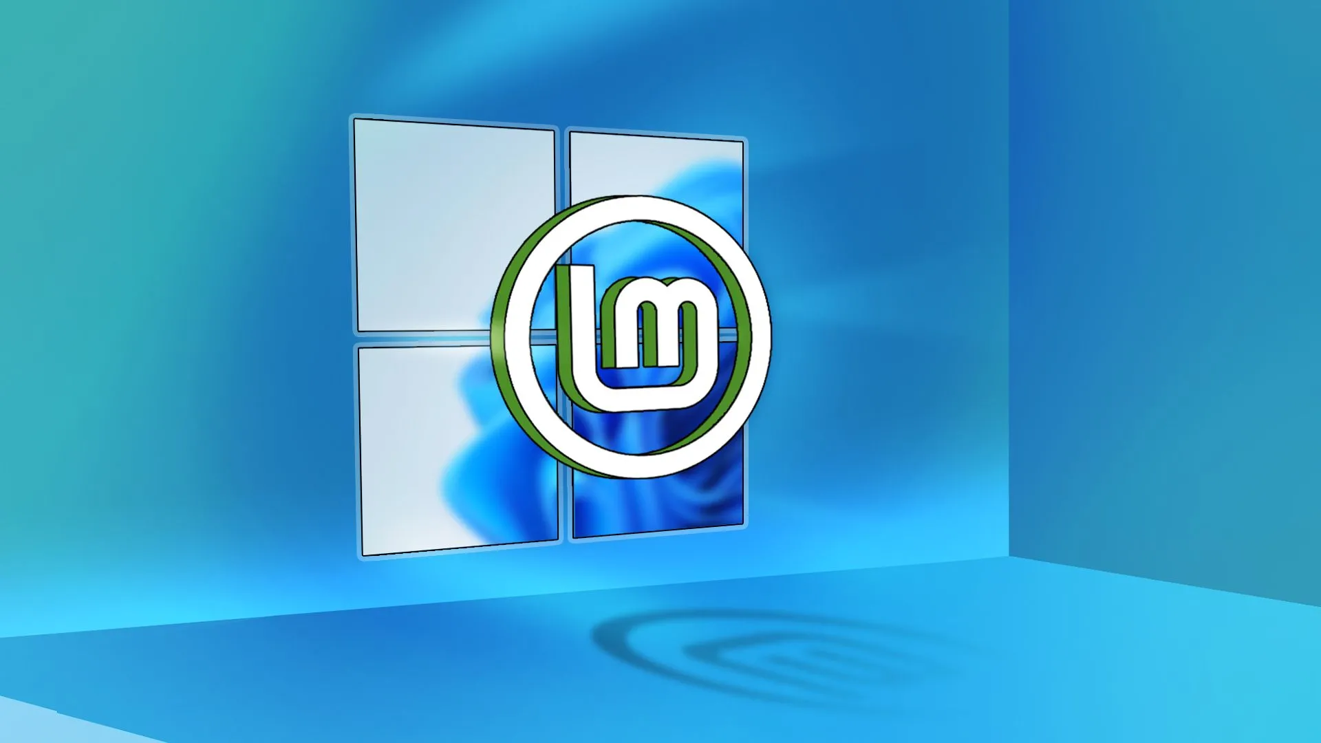 Biểu tượng Linux Mint nổi bật trên nền logo Windows 11, minh họa sự thay thế hệ điều hành