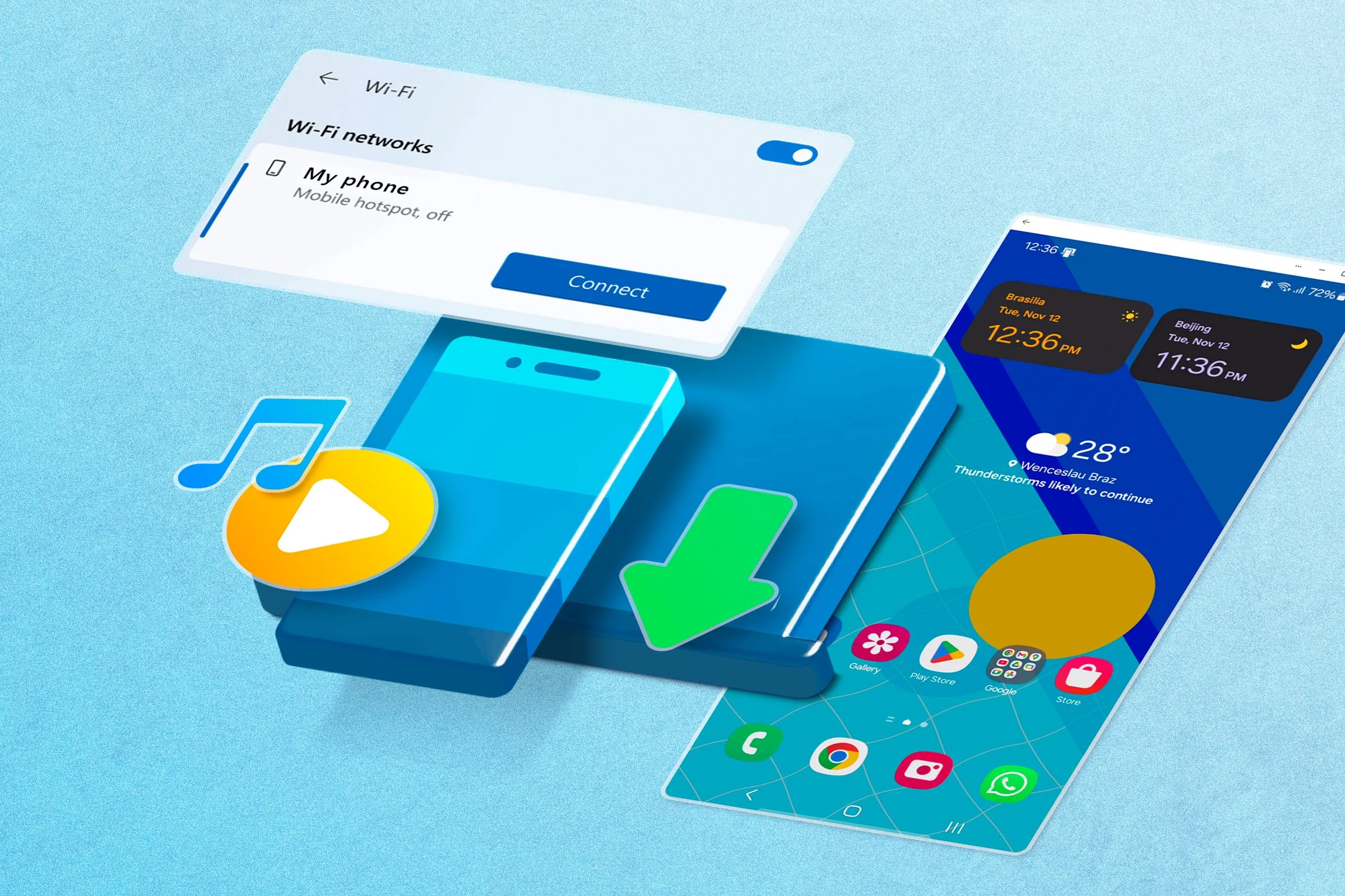 Biểu tượng ứng dụng Link to Windows trên nền, kèm các icon minh họa tính năng đồng bộ và điều khiển PC từ điện thoại