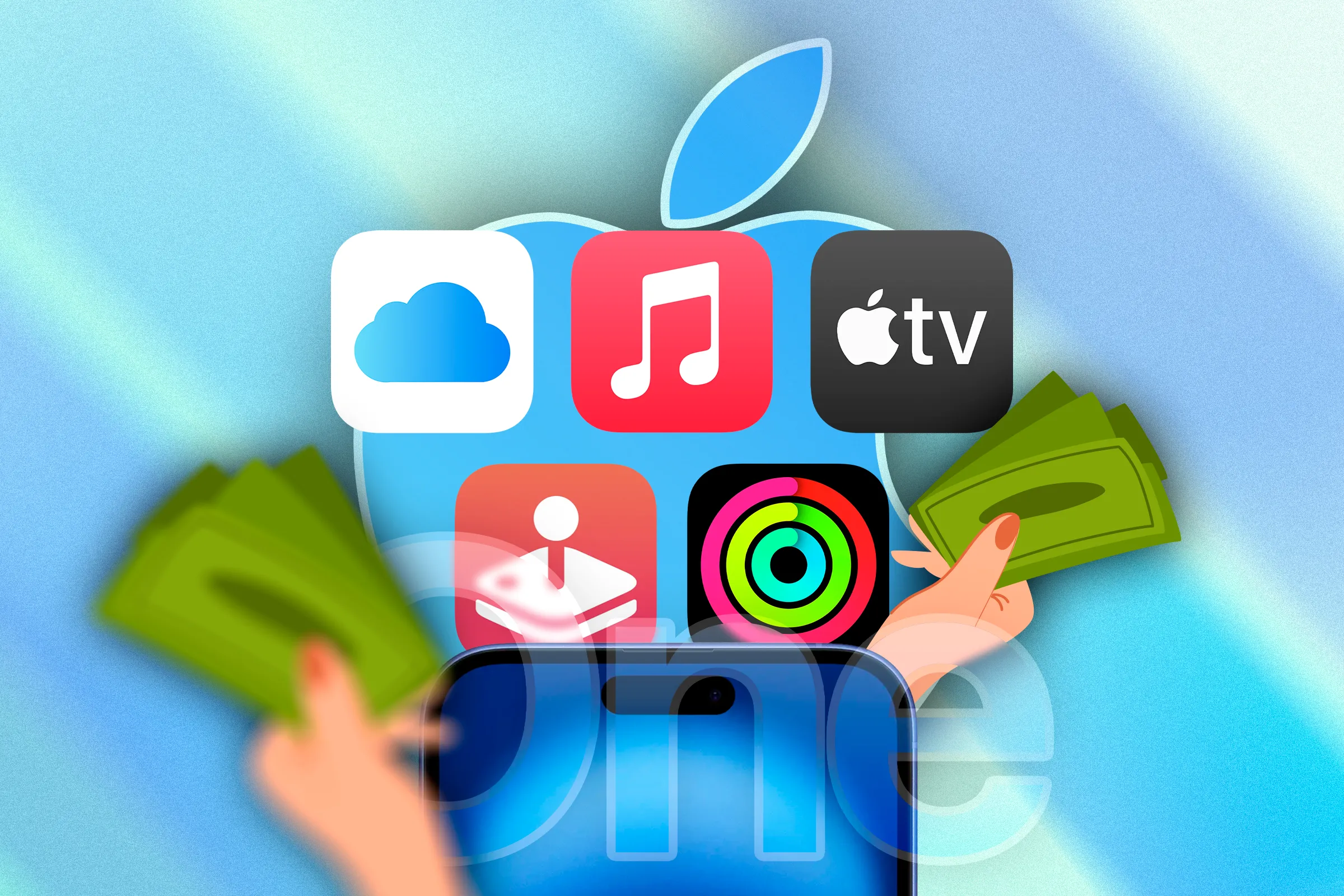 Các biểu tượng ứng dụng Apple One và hình minh họa bàn tay cầm tiền mặt, tượng trưng cho lợi ích tiết kiệm khi dùng AppleCare One.