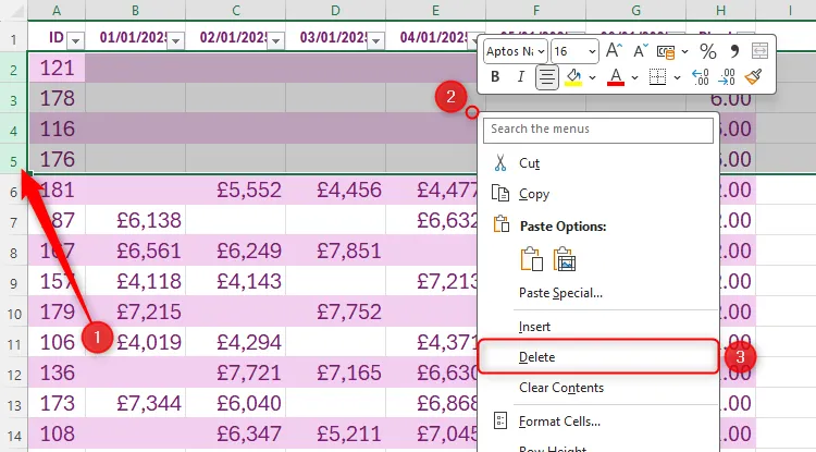 Các hàng trống trong bảng Excel được chọn, và tùy chọn Delete trong menu chuột phải được đánh dấu.