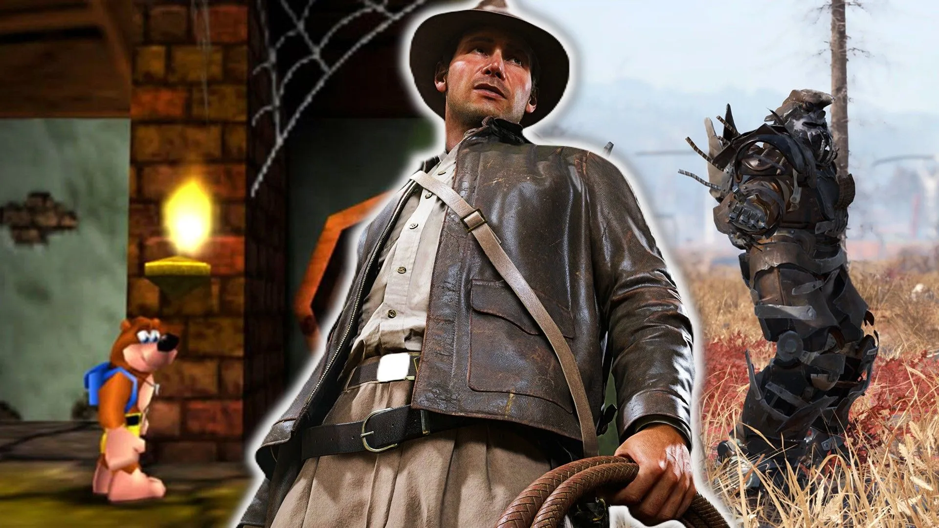 Các nhân vật game biểu tượng như Indiana Jones, Banjo-Kazooie và người lính Fallout 76 trong giáp trụ