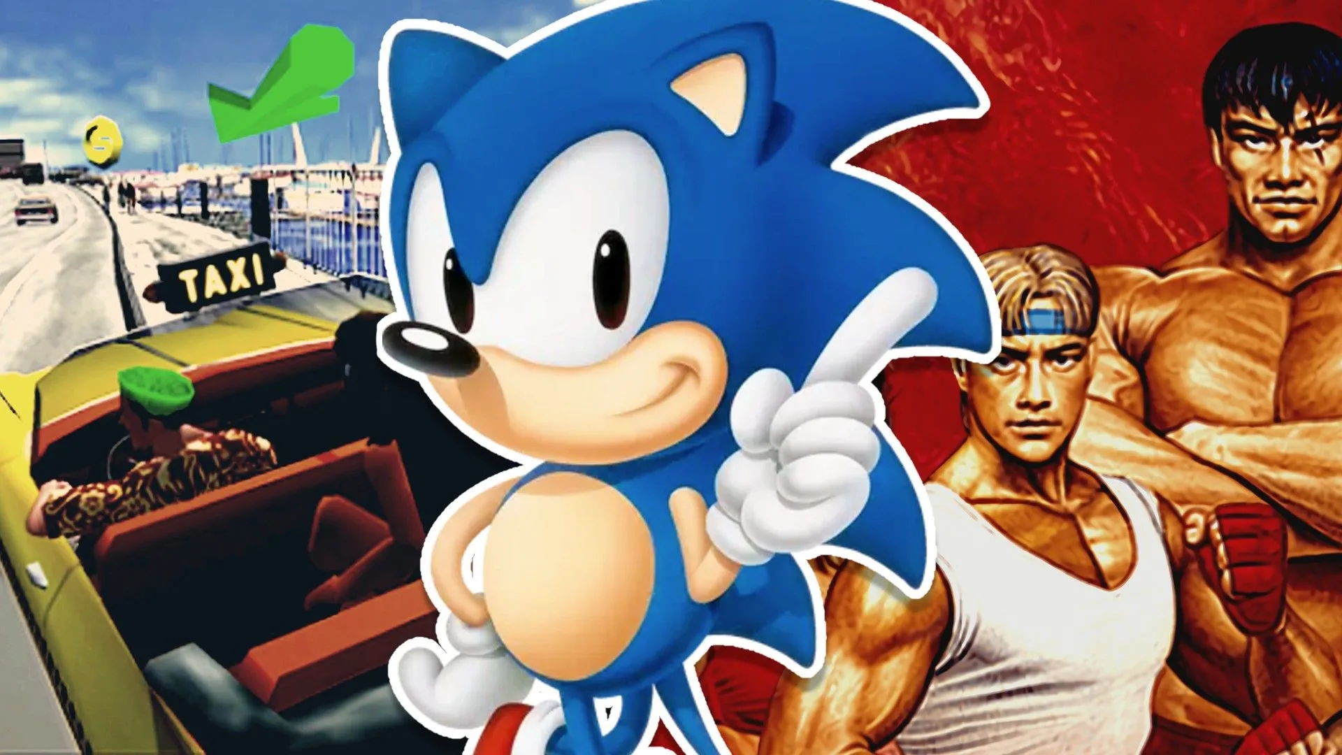 Các nhân vật từ game mobile Sega: tài xế Crazy Taxi, Sonic và chiến binh Streets of Rage