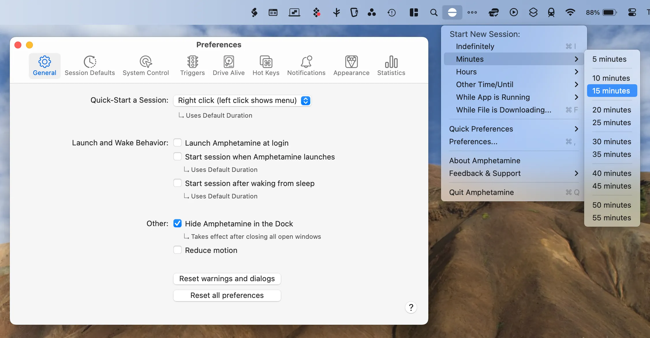 Các tùy chọn cài đặt của ứng dụng Amphetamine để giữ cho Mac luôn hoạt động và không chuyển sang chế độ ngủ