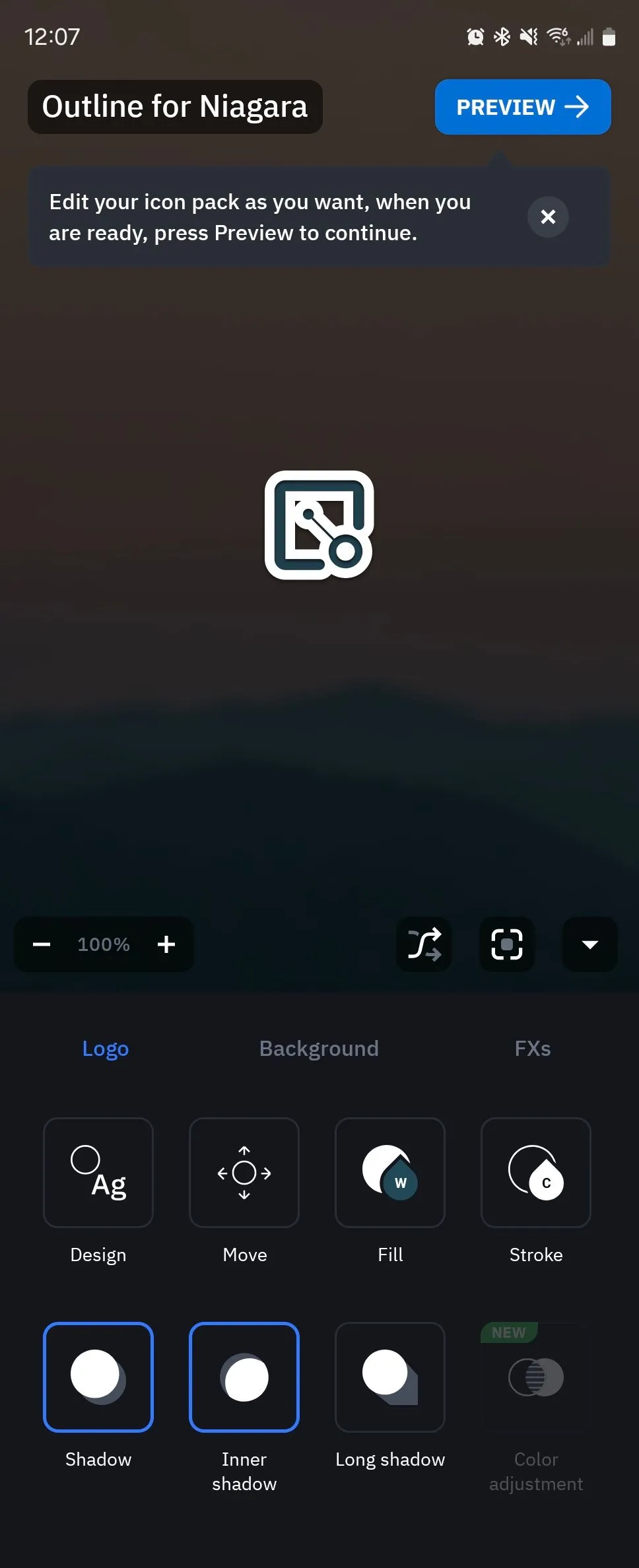 Các tùy chọn chỉnh sửa gói biểu tượng trong Icon Pack Studio, bao gồm hiệu ứng và bộ lọc