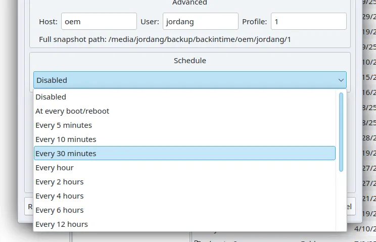 Các tùy chọn lập lịch sao lưu tự động trong phần mềm Back in Time trên Linux