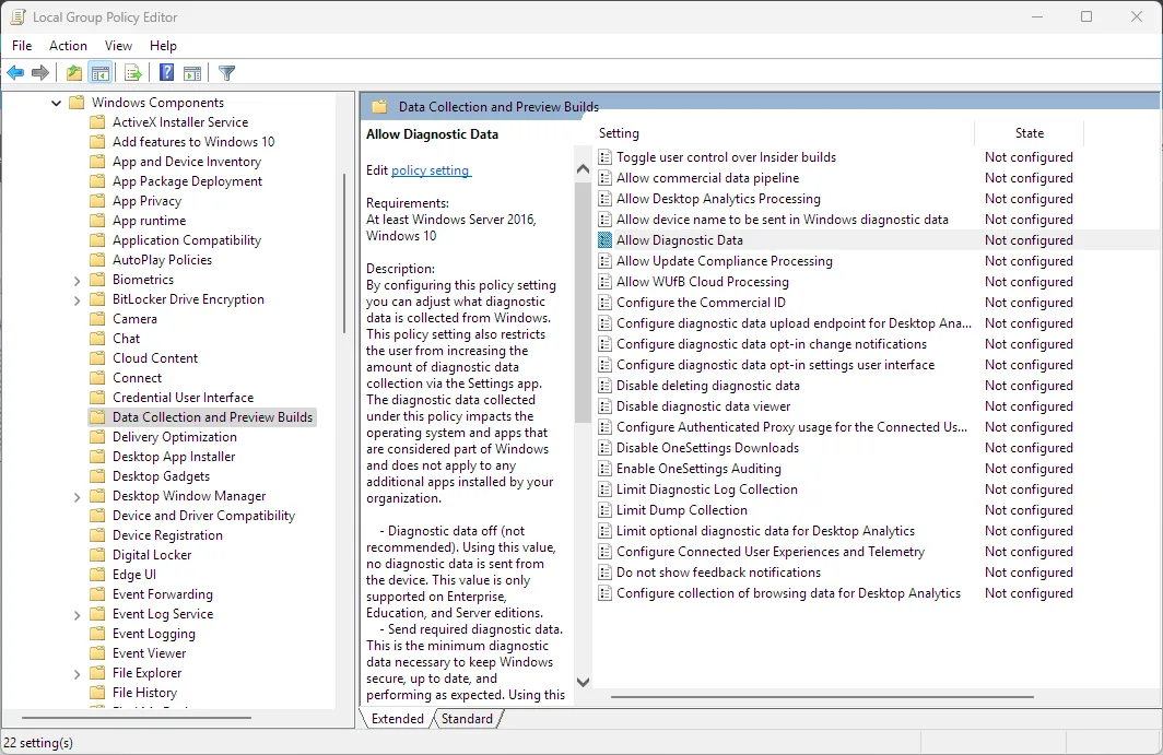 Cài đặt chính sách nhóm trên Windows 11 hiển thị tùy chọn cho phép thu thập và gửi dữ liệu chẩn đoán về Microsoft