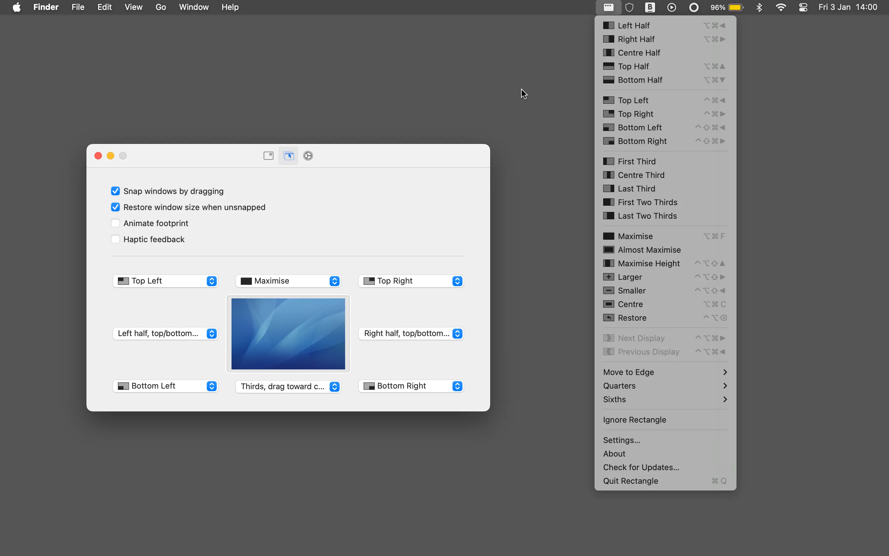 Cài đặt và các tùy chọn tính năng quản lý cửa sổ của ứng dụng Rectangle trên macOS