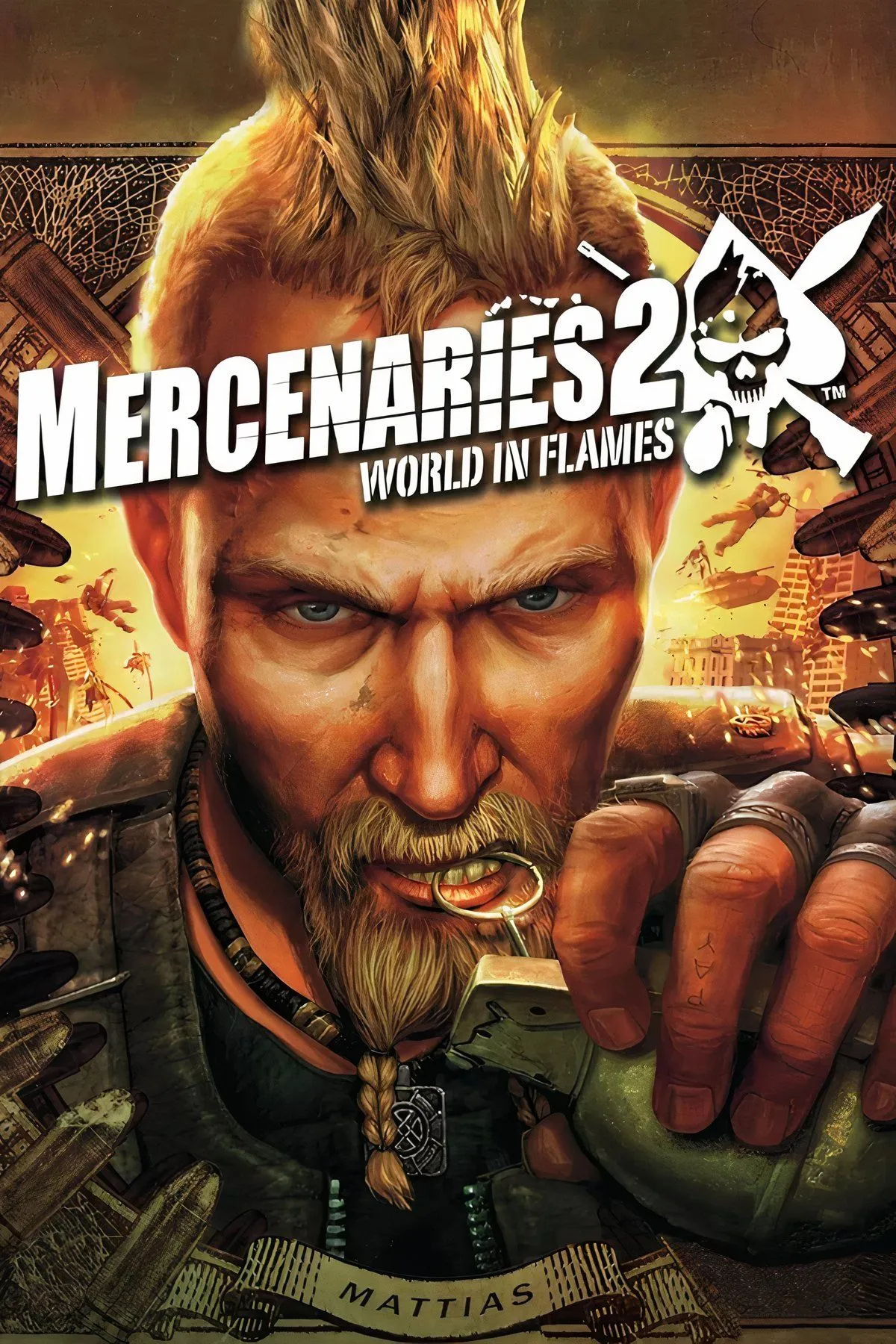 Cảnh cháy nổ hoành tráng trong Mercenaries 2: World in Flames, với trực thăng và xe tăng chiến đấu giữa đống đổ nát