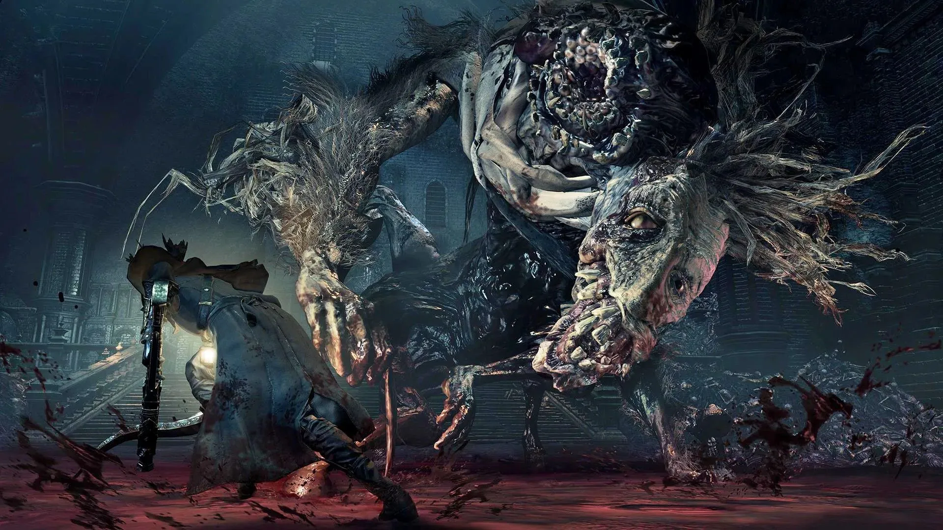 Cảnh gameplay u tối và ma mị trong tựa game Bloodborne trên PlayStation 4, thể hiện đồ họa và không khí đặc trưng của trò chơi.