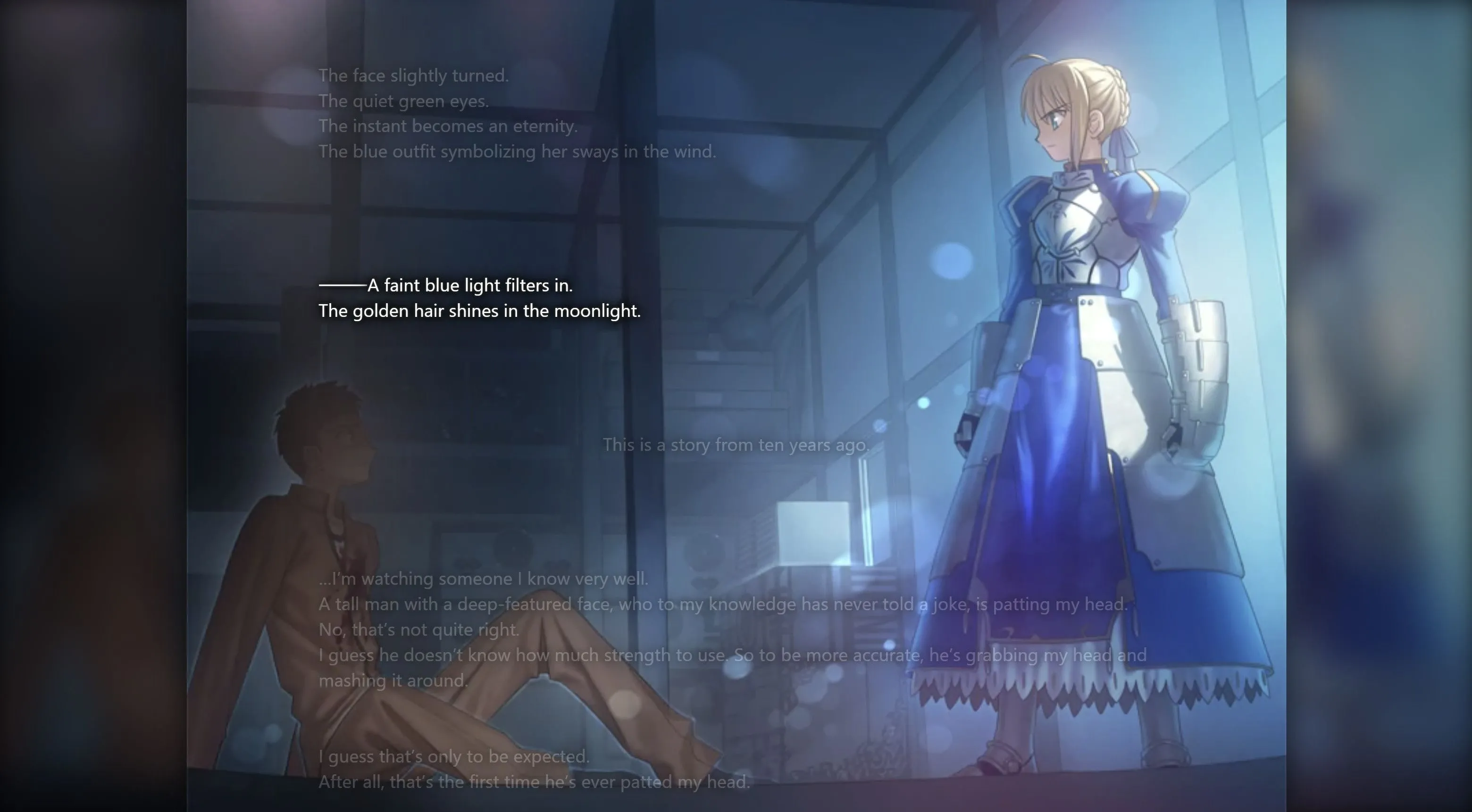 Cảnh Saber/Artoria gặp Shirou Emiya trong visual novel Fate/Stay Night bản trình duyệt.