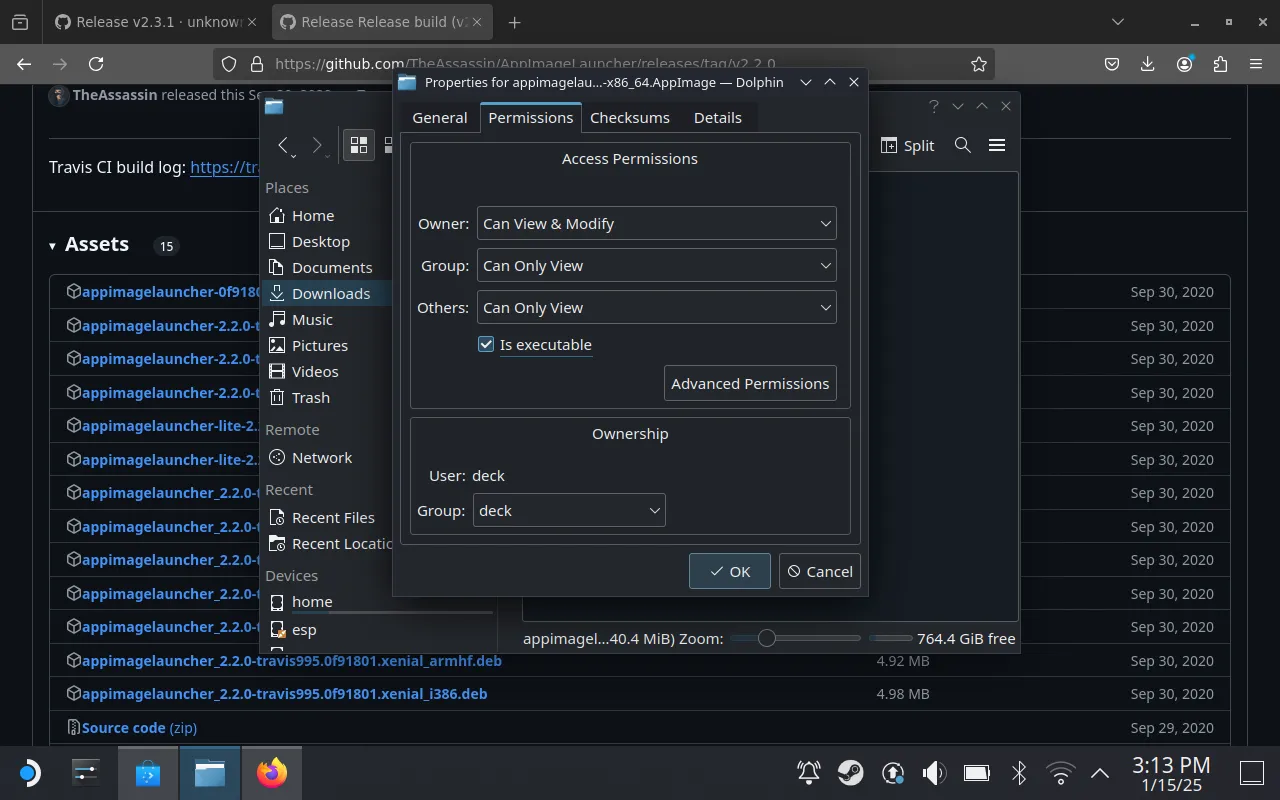Cấp quyền thực thi cho tệp cài đặt AppImageLauncher trên Steam Deck trong cửa sổ Properties