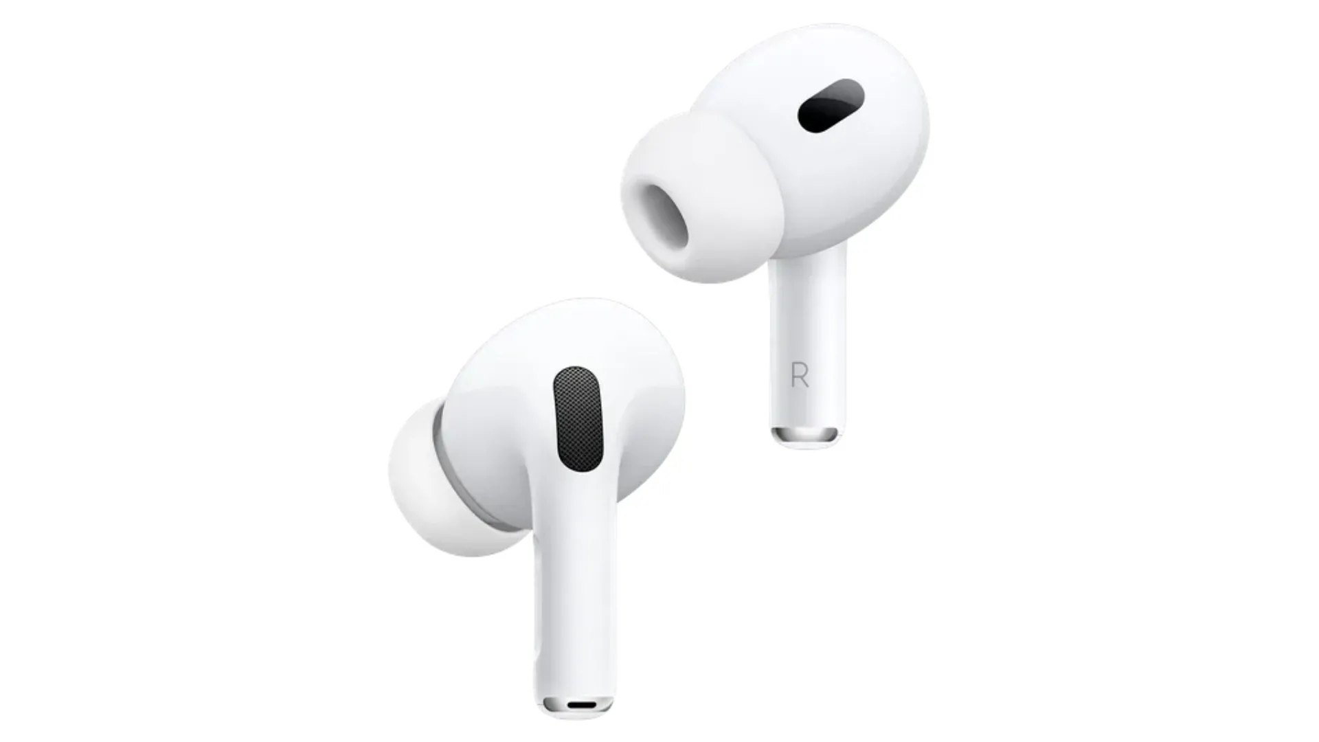 Cặp tai nghe AirPods Pro 2 với thiết kế in-ear nhỏ gọn, đặt trên nền trắng tinh khiết