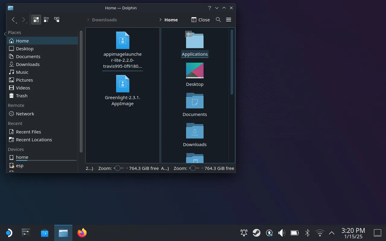 Chế độ chia đôi màn hình Dolphin trên SteamOS để di chuyển Greenlight AppImage vào thư mục ứng dụng