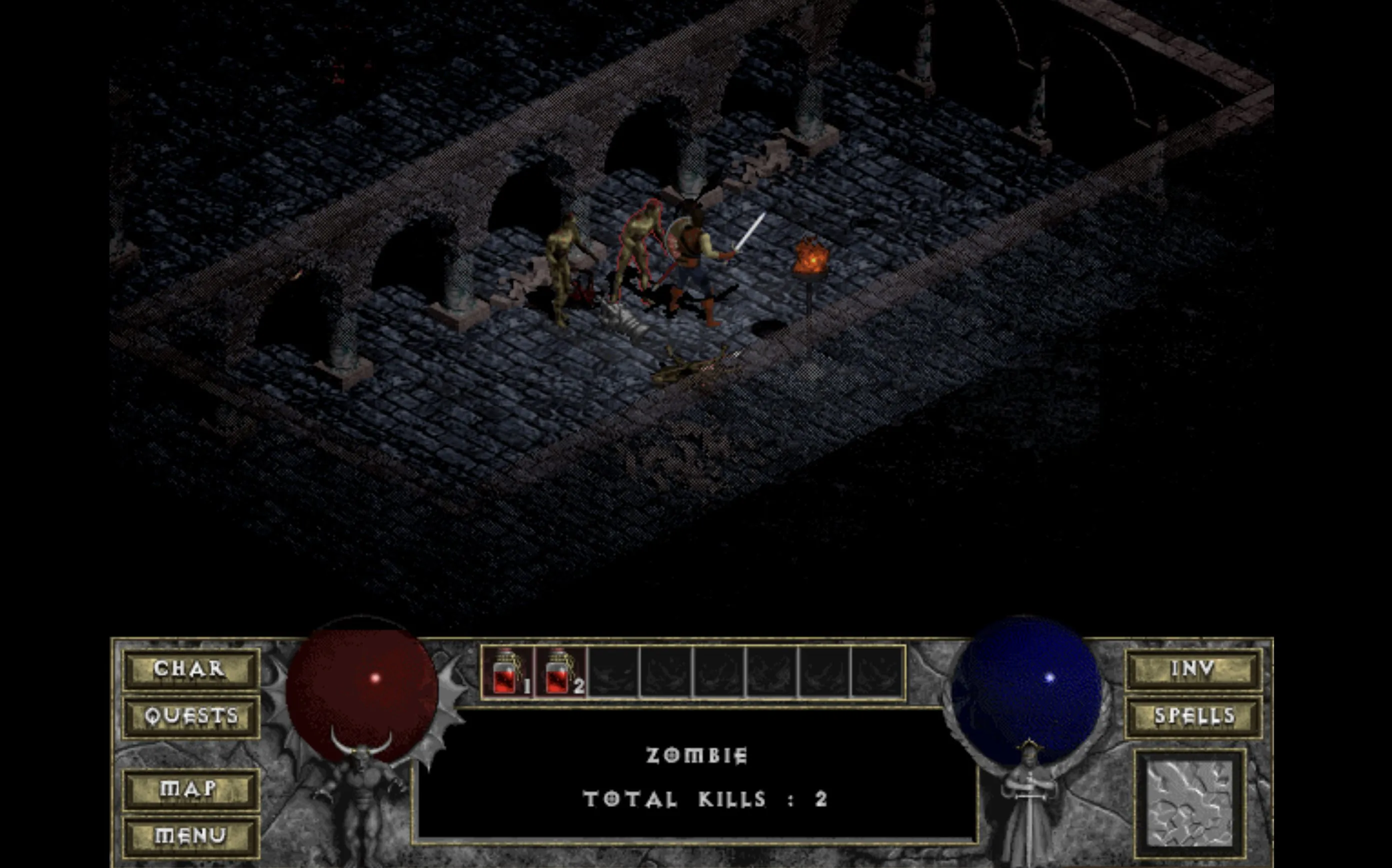 Chiến binh đang chiến đấu với quái vật trong hầm ngục Diablo bản trình duyệt.