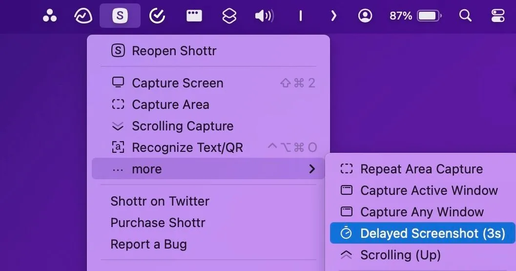 Chọn chế độ Chụp ảnh màn hình trễ (3s) từ thanh menu Shottr trên Mac.