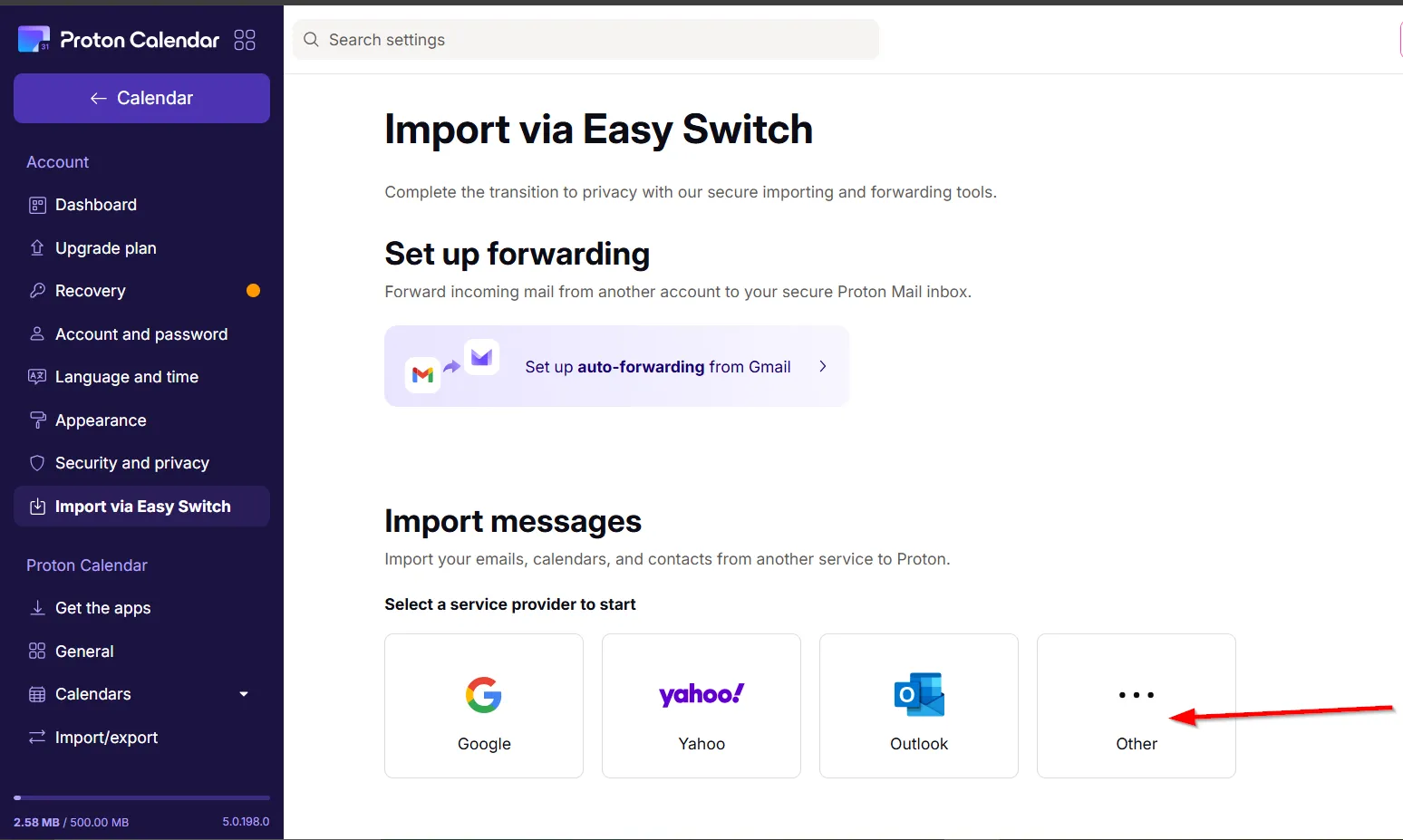 Chọn &quot;Other&quot; trong mục &quot;Import Messages&quot; của Proton Calendar để nhập file ICS
