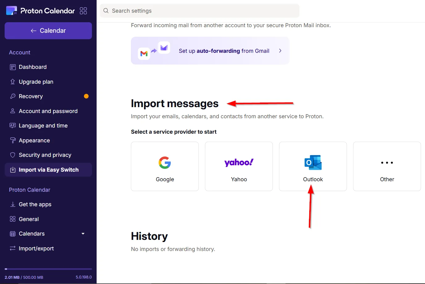 Chọn tùy chọn &quot;Outlook&quot; trong mục &quot;Import Messages&quot; để bắt đầu chuyển lịch
