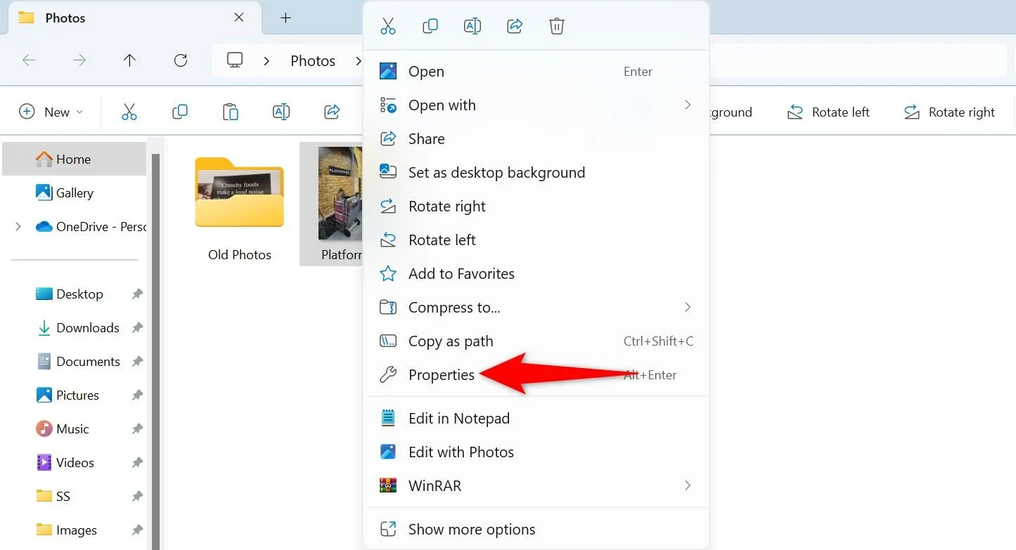 Chọn tùy chọn &quot;Properties&quot; trong menu chuột phải của ảnh trong File Explorer trên Windows 11.