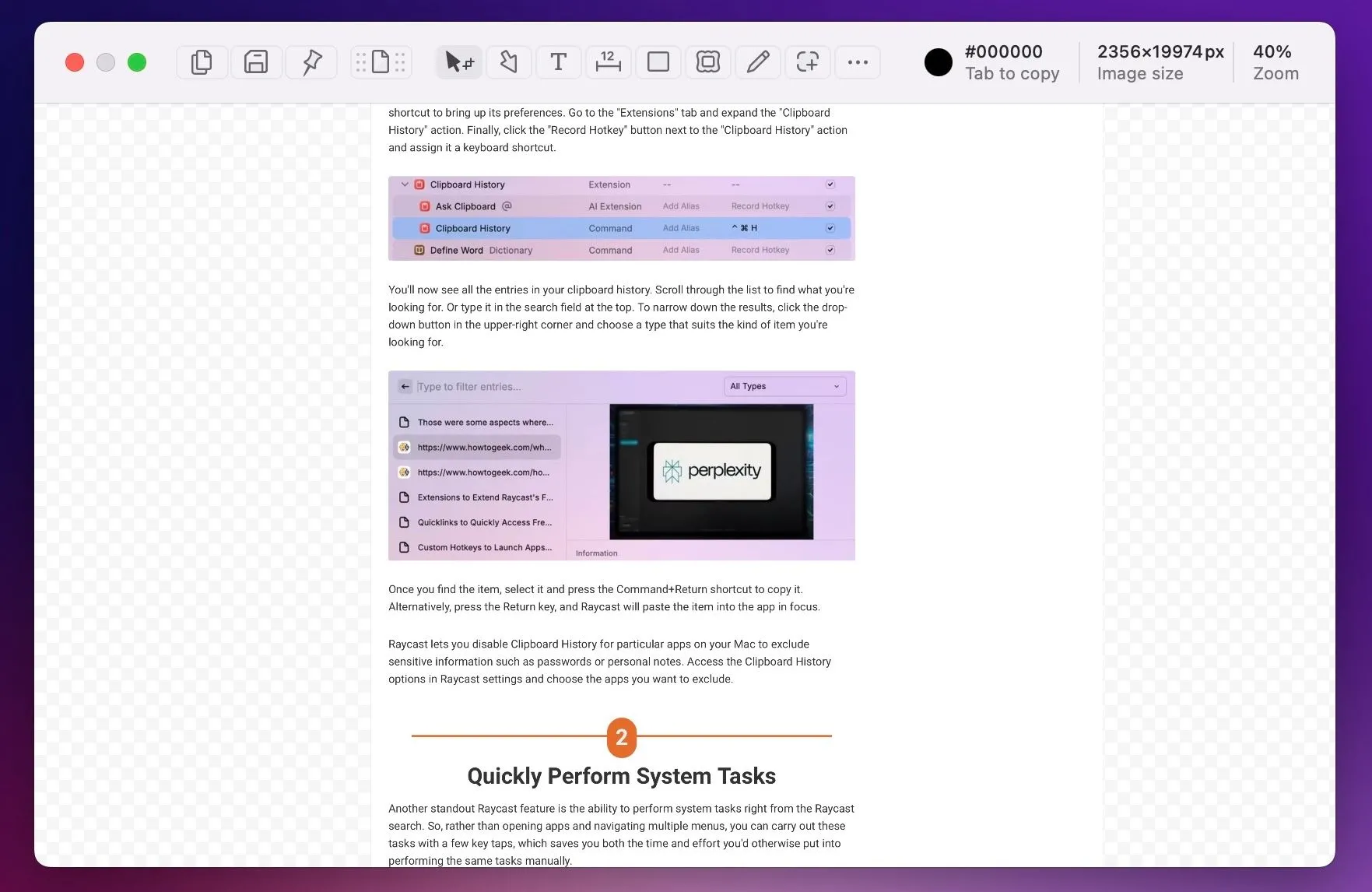 Chụp ảnh màn hình cuộn dài với Shottr trên macOS, hiển thị toàn bộ nội dung trang web.
