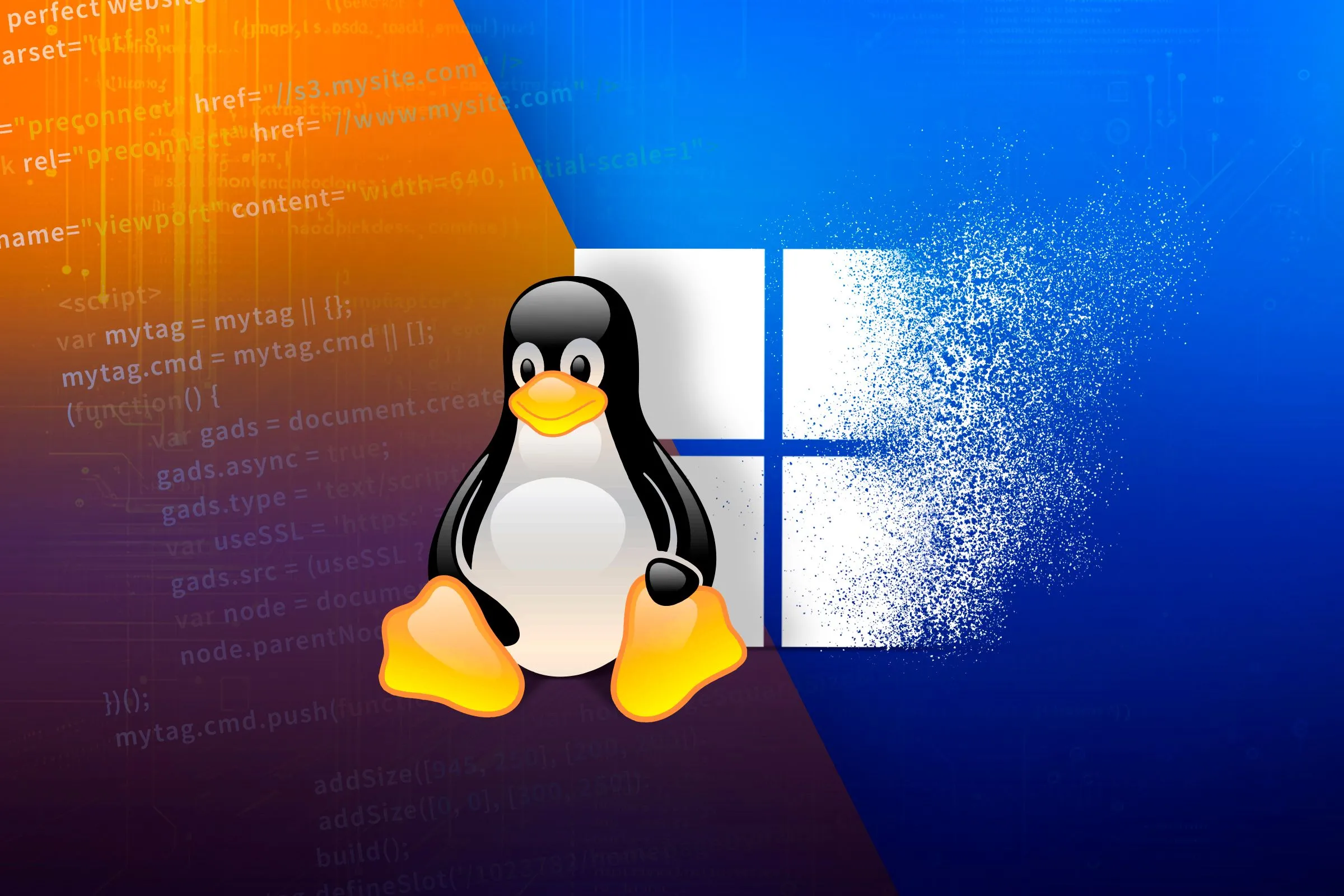 Con chim cánh cụt Linux và logo Windows phía sau đang tan rã, minh họa sự đối lập và xung đột giữa hai hệ điều hành khi dual boot.